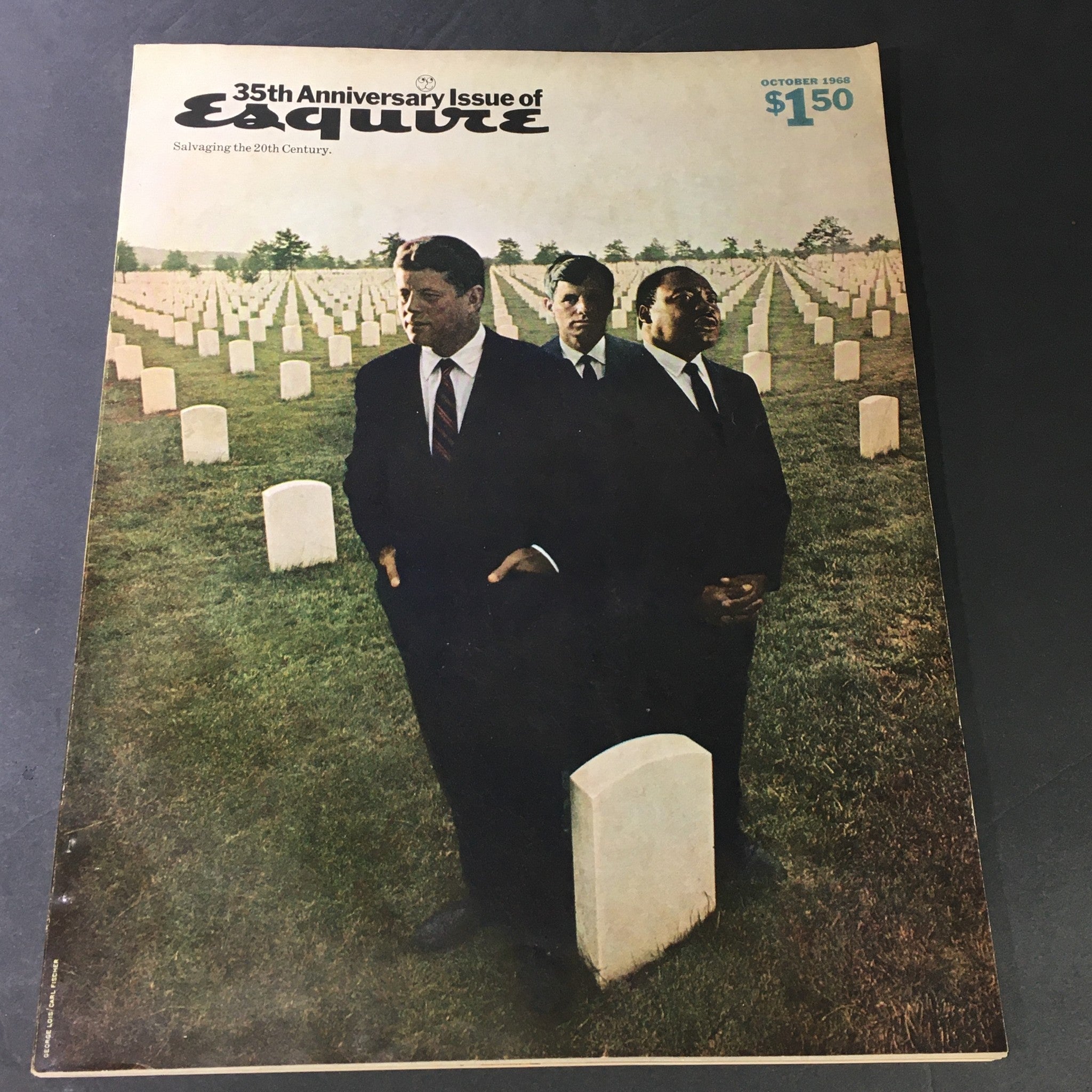 Cover of VTG Esquire Magazine October 1968 featuring John F. Kennedy, Robert F. Kennedy and Martin Luther King with a cemetery backdrop, showcasing a pivotal moment in American history.