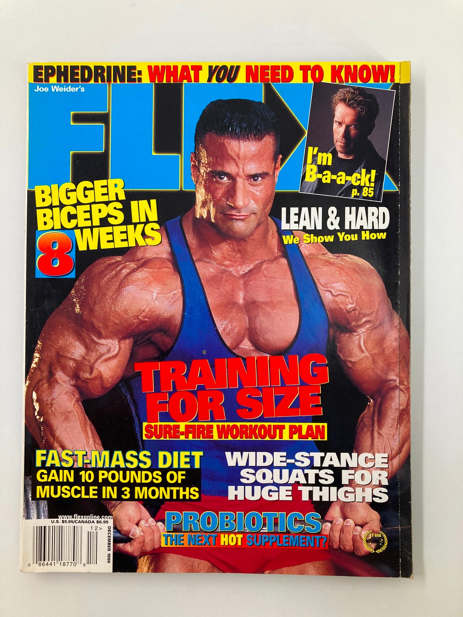 Cover of Joe Weider's Flex Magazine from December 1999 featuring a muscular man in a blue tank top, highlighting fitness tips for bigger biceps, training for size, and featuring Arnold Schwarzenegger's return to fitness.