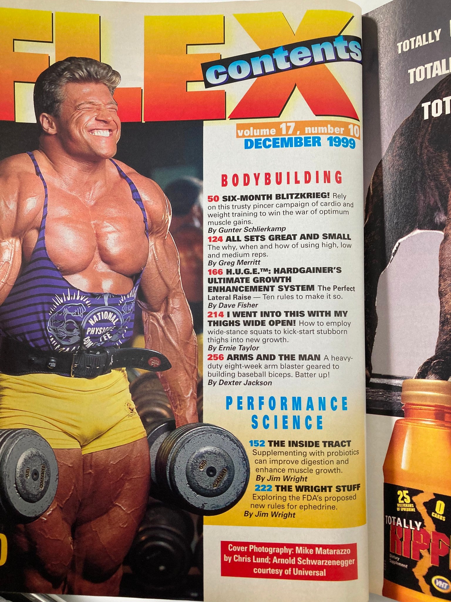 Contents page of Joe Weider's Flex Magazine December 1999, showcasing articles on bodybuilding, performance science, and training advice, with an image of a muscular man raising weights.