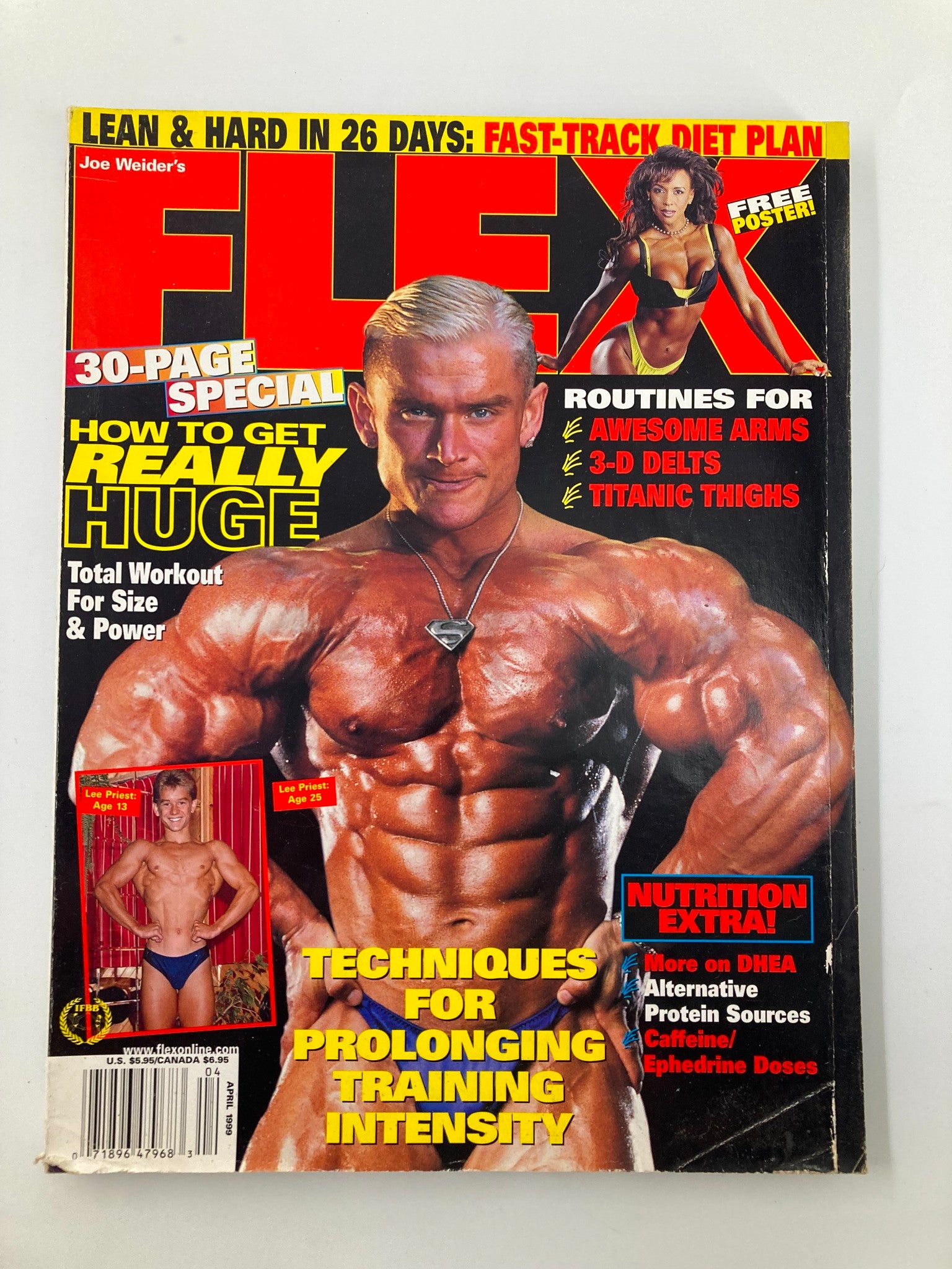 Cover of Joe Weider's Flex Magazine April 1999 featuring Lee Priest showcasing his muscular physique and Saryn Muldrow. The cover highlights bodybuilding tips and nutrition advice.
