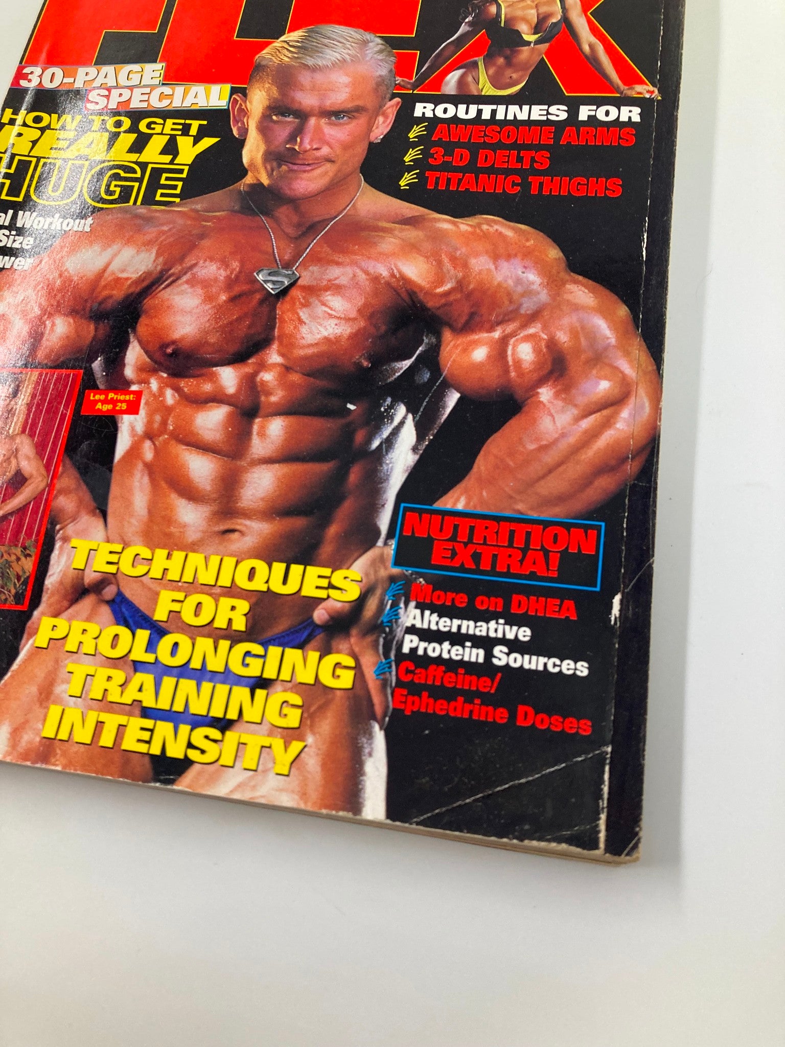 Close-up of the cover of Joe Weider's Flex Magazine April 1999 featuring Lee Priest. This image emphasizes his impressive muscles and includes magazine details on intense training and nutrition.
