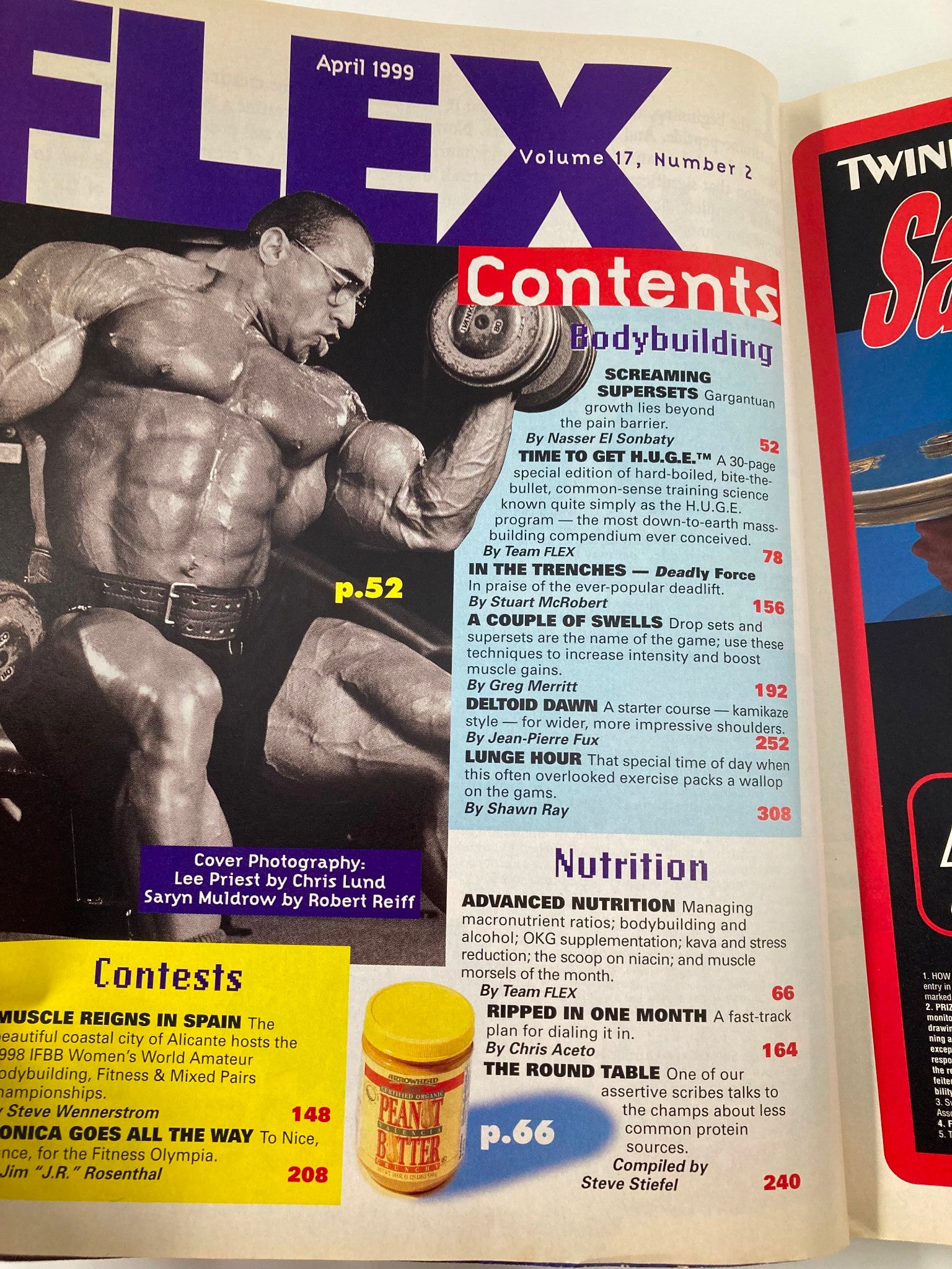 Contents page of Joe Weider's Flex Magazine April 1999, showcasing articles on bodybuilding routines and nutrition. This page features notable contributors and a glimpse into fitness trends of the era.