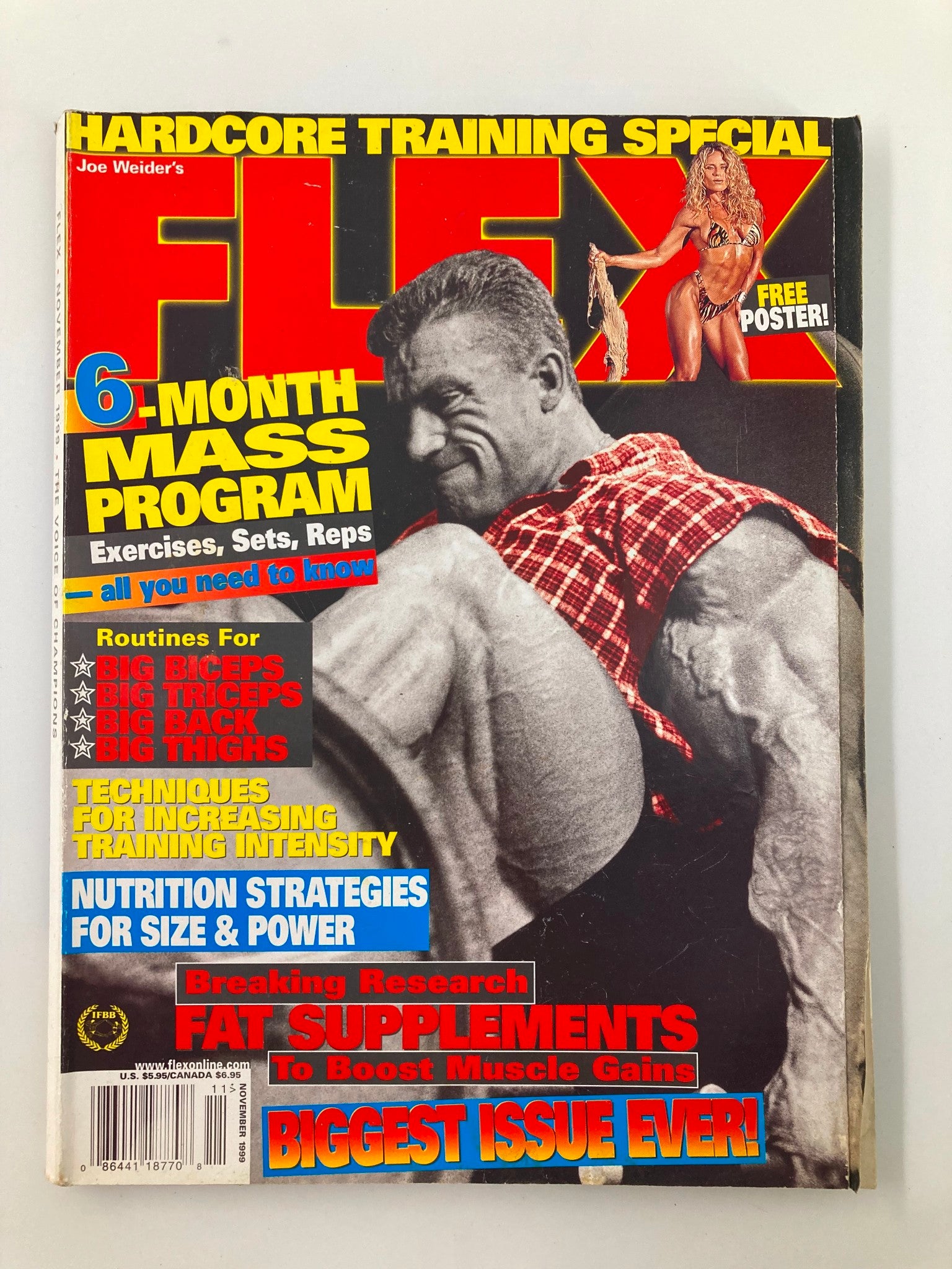 Joe Weider's Flex Magazine November 1999 featuring a cover image displaying a muscular man engaged in a workout, with the headline '6-Month Mass Program' and images of fitness supplements, highlighting the bodybuilding culture of the late 1990s.