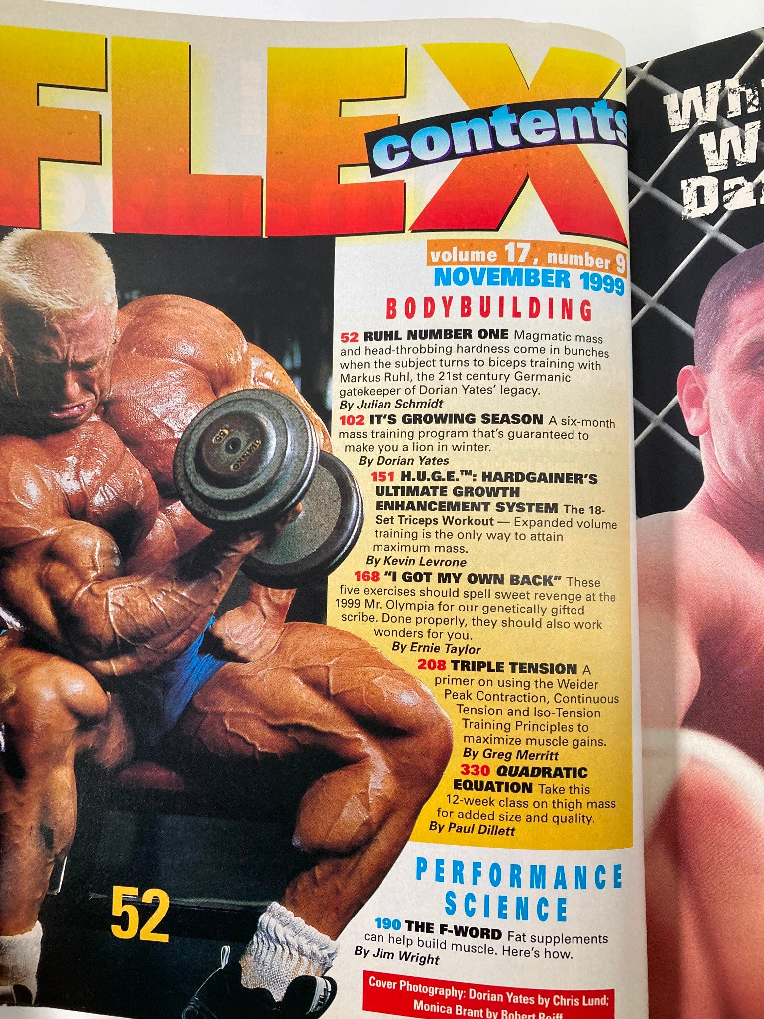 Interior page of Joe Weider's Flex Magazine November 1999 showcasing the contents section, featuring articles on bodybuilding training programs and nutritional strategies, emphasizing the fitness trends and wellness insights from the late 90s.