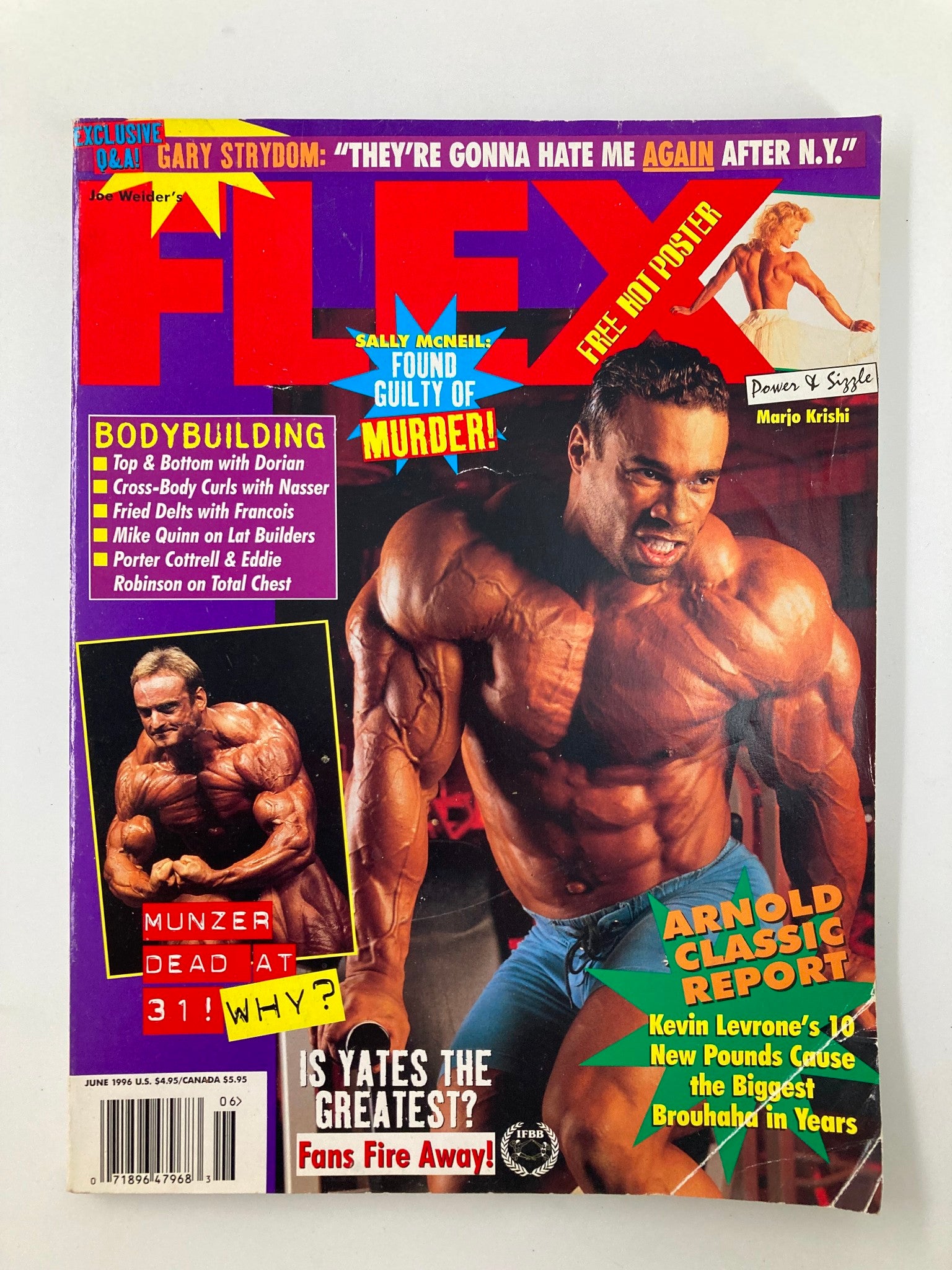 Cover of Joe Weider's Flex Magazine June 1996 featuring muscular bodybuilder, Kevin Levrone, with headlines about bodybuilding topics and Sally McNeil's legal news.