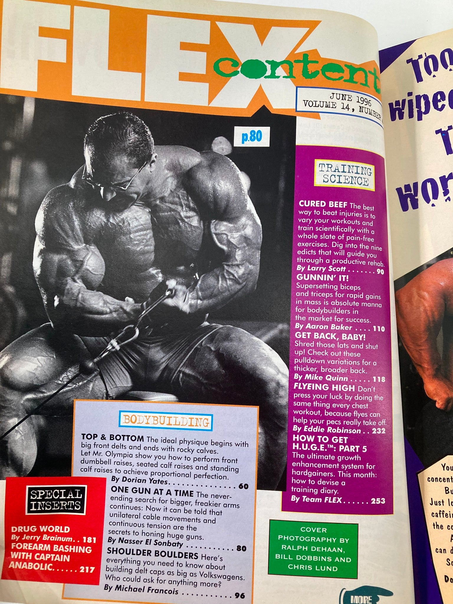 Inside content page of Joe Weider's Flex Magazine June 1996, showcasing bodybuilding articles including training science and featured bodybuilders.