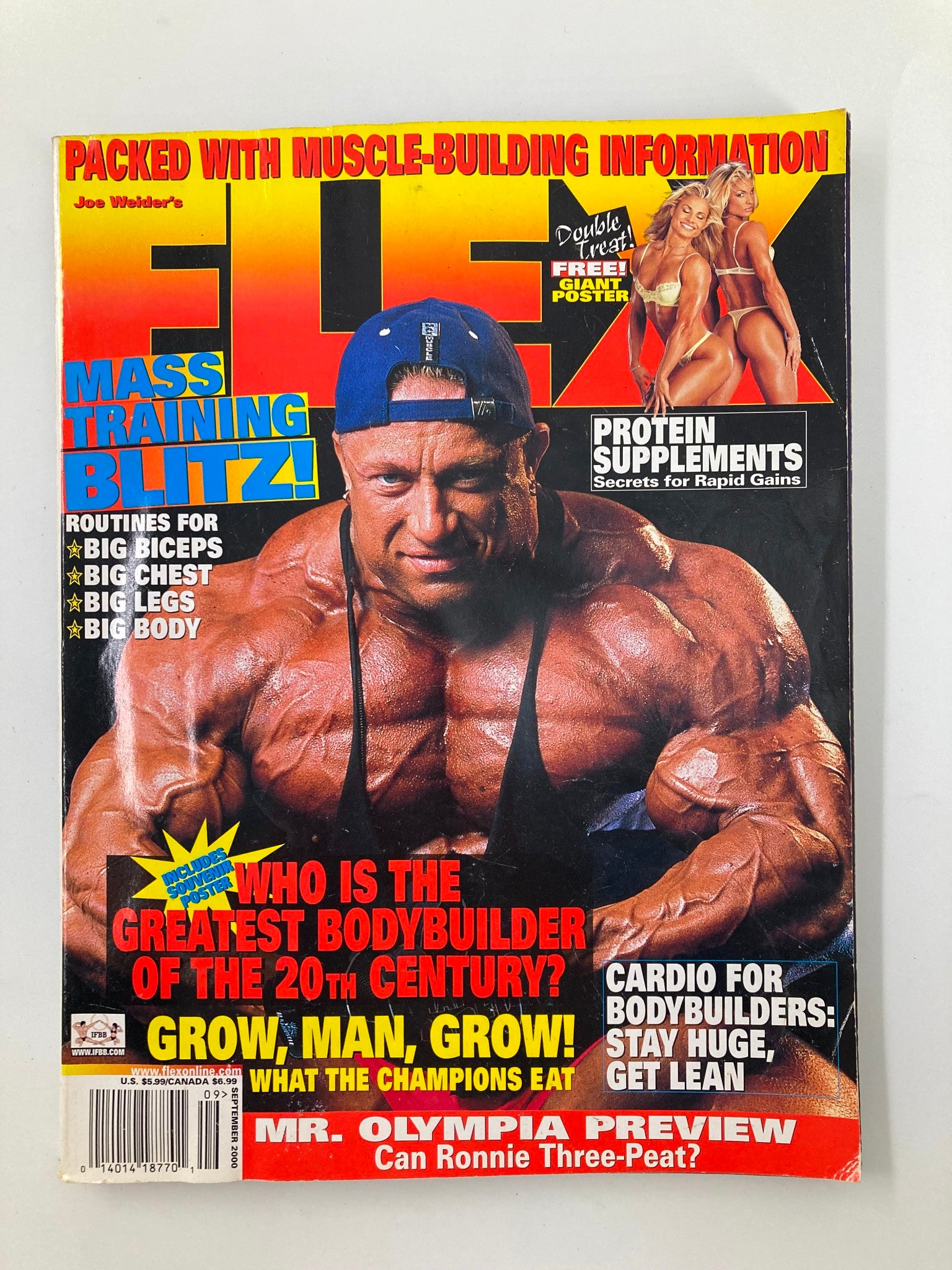 Joe Weider's Flex Magazine September 2000 featuring Markus Ruhl on the cover, showcasing muscle-building information with a spotlight on bodybuilding techniques and nutrition.