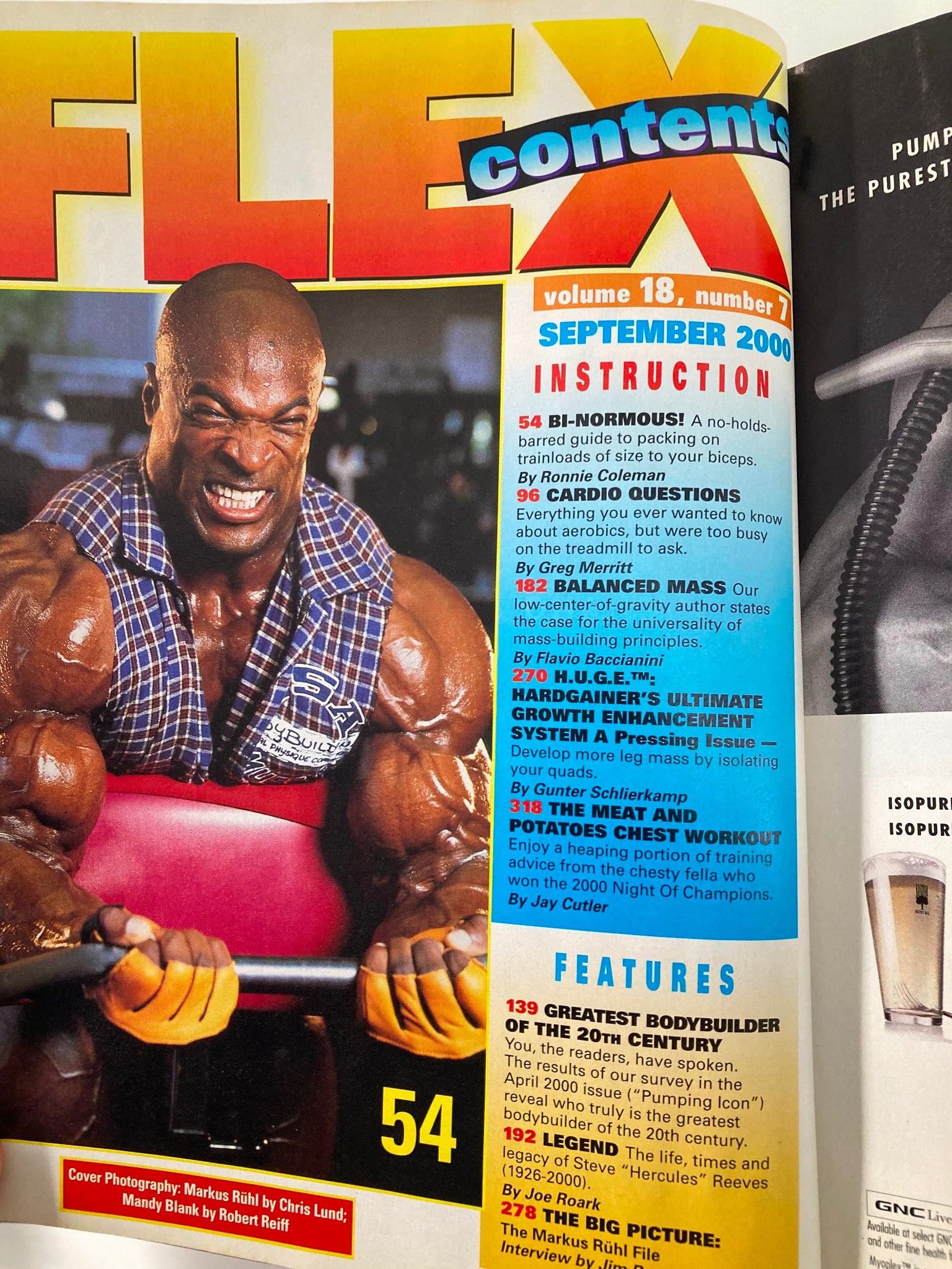 Contents page of Joe Weider's Flex Magazine September 2000, highlighting various articles including features on bodybuilding, protein supplements, and training routines.