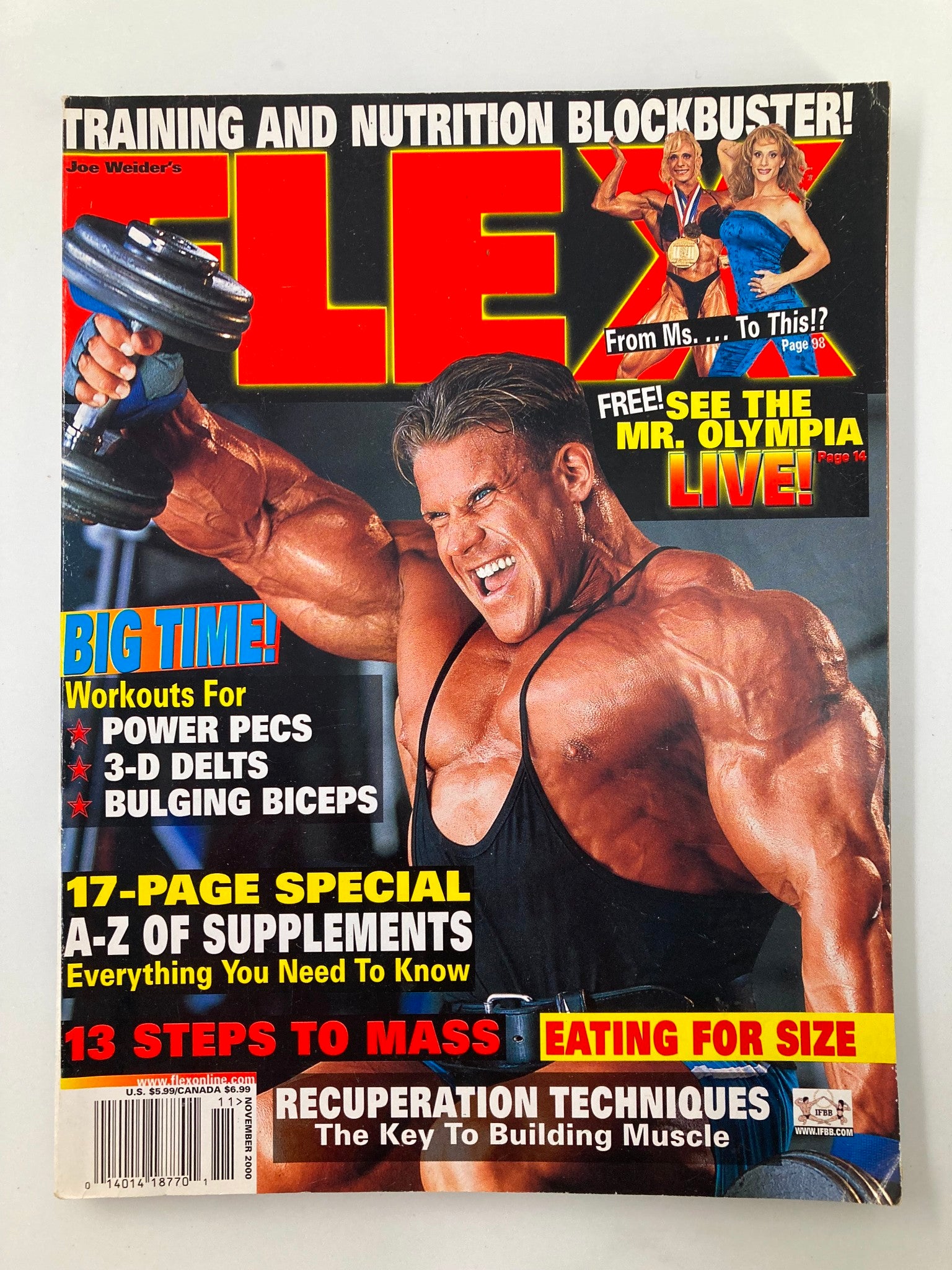 Cover of Joe Weider's Flex Magazine November 2000 showcasing muscular bodybuilder Jay Cutler, with headlines about training, nutrition, and Mr. Olympia live event.