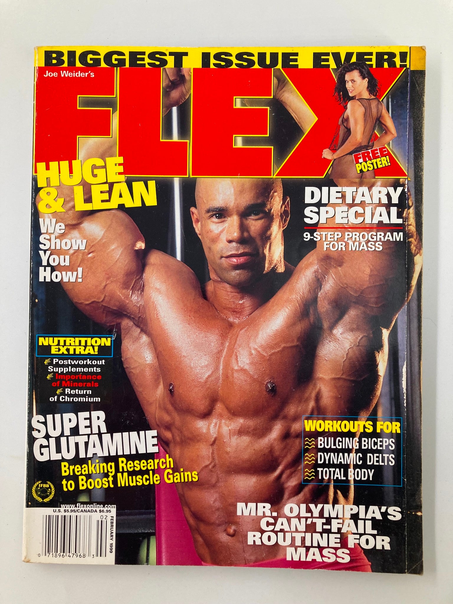 Joe Weider's Flex Magazine February 1999 featuring Kevin Levrone on the cover, showcasing a muscular physique with bold headlines related to bodybuilding, nutrition, and fitness training.