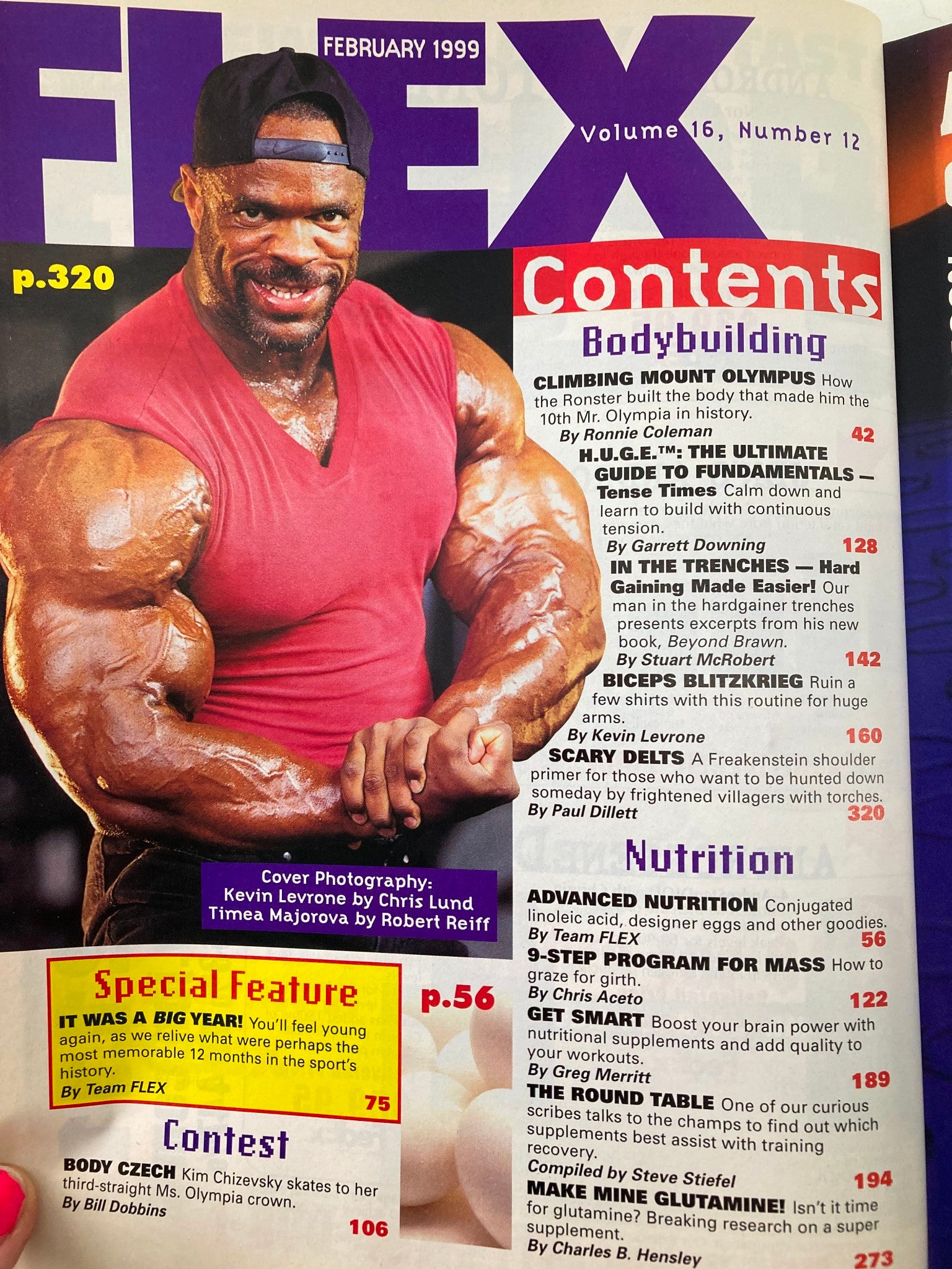 Cover of Joe Weider's Flex Magazine February 1999 featuring bodybuilder Kevin Levrone, showcasing content related to bodybuilding and fitness. This issue includes articles and training tips tailored for fitness enthusiasts.