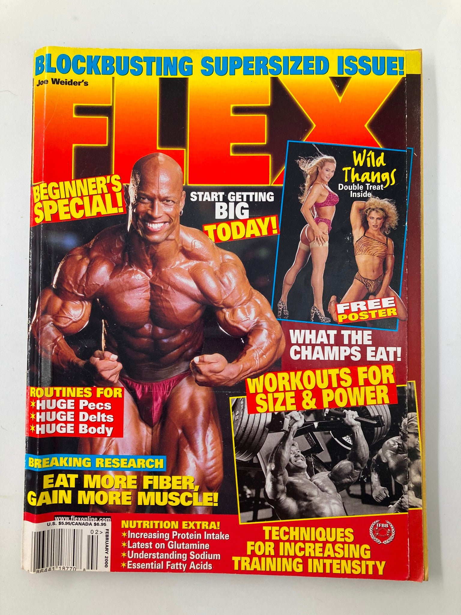 Cover of Joe Weider's Flex Magazine February 2000 featuring bodybuilding icons Gunter Schlierkamp and Jay Cutler, promoting bodybuilding routines and nutrition.