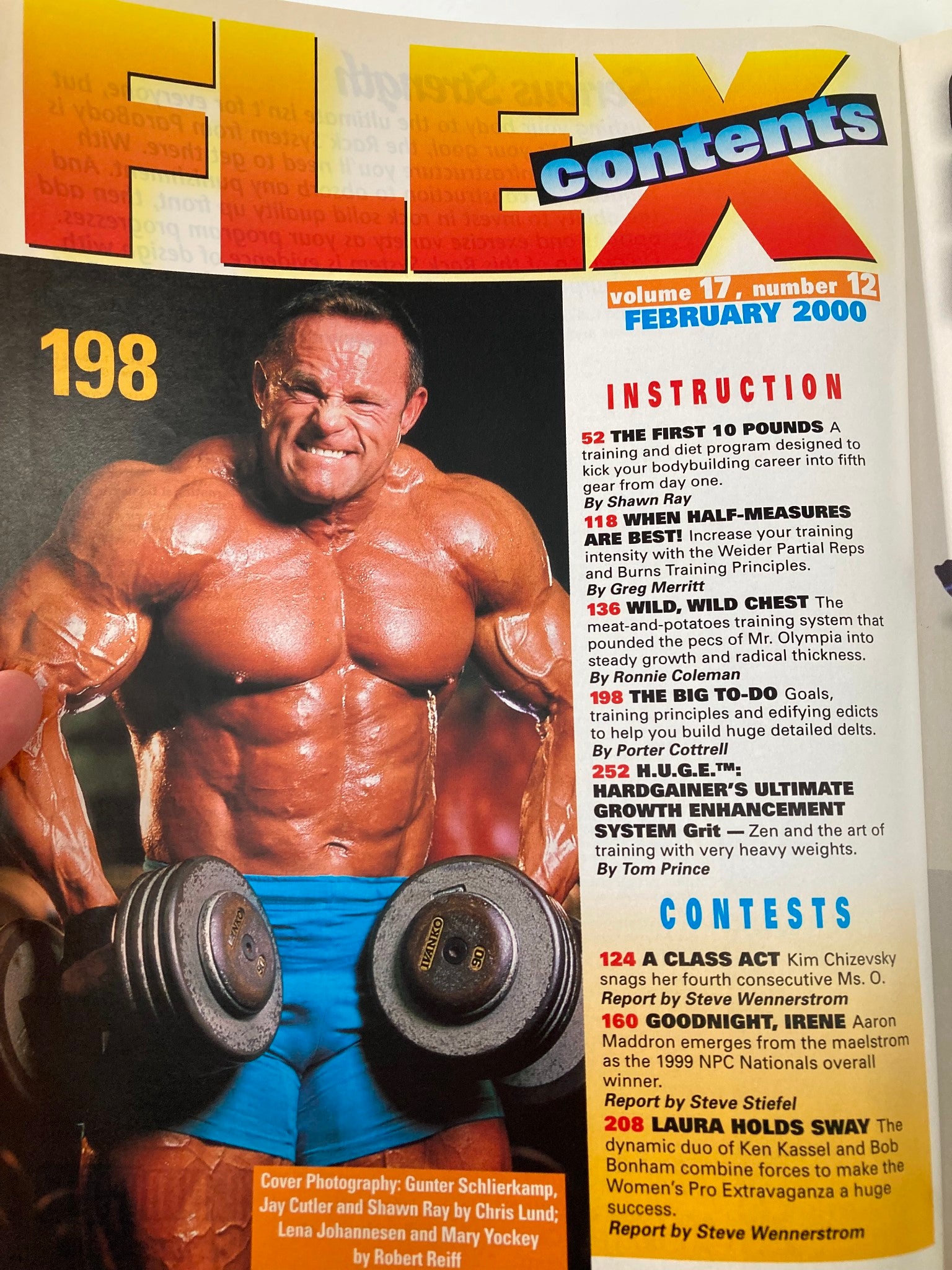 Contents page of Joe Weider's Flex Magazine February 2000 showcasing Gunter Schlierkamp with weights, highlighting workouts and contests in bodybuilding.
