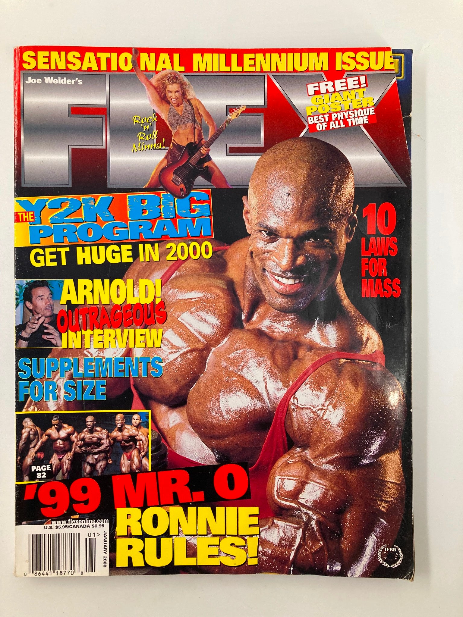 Cover of Joe Weider's Flex Magazine January 2000 featuring a muscular male bodybuilder and the headline 'Get Huge in 2000' alongside an interview with Arnold Schwarzenegger.