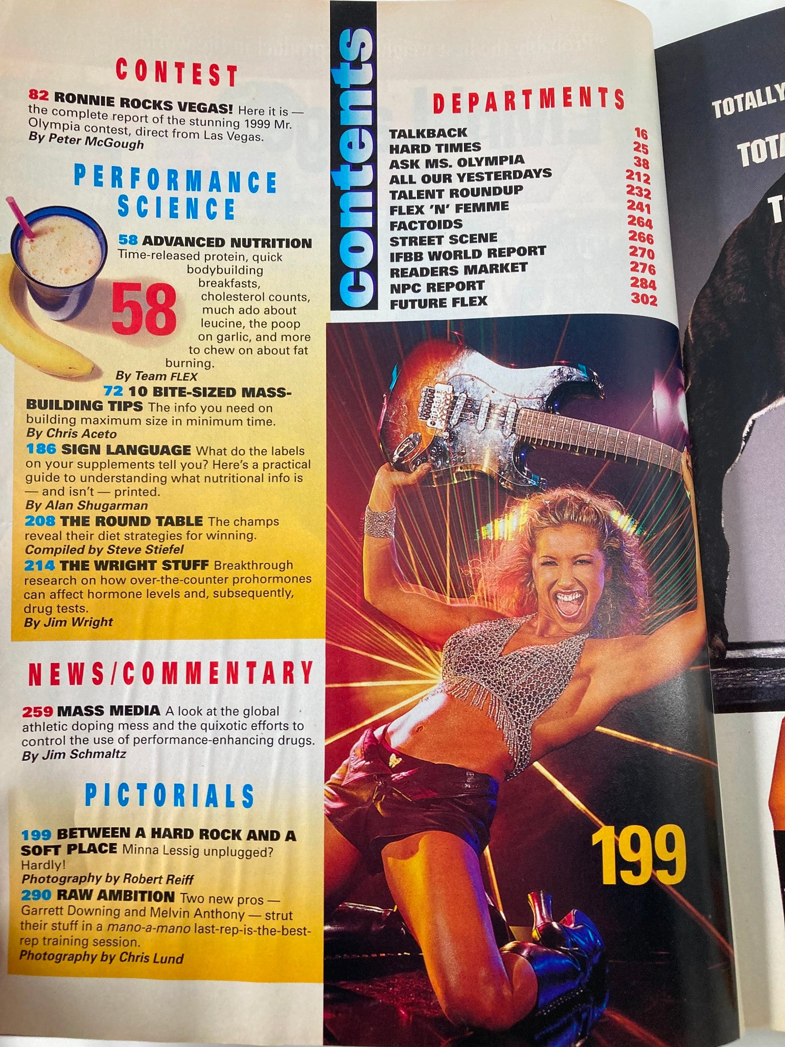 Table of contents page from Joe Weider's Flex Magazine January 2000 highlighting topics like performance science, building muscle, and featuring vibrant photography.