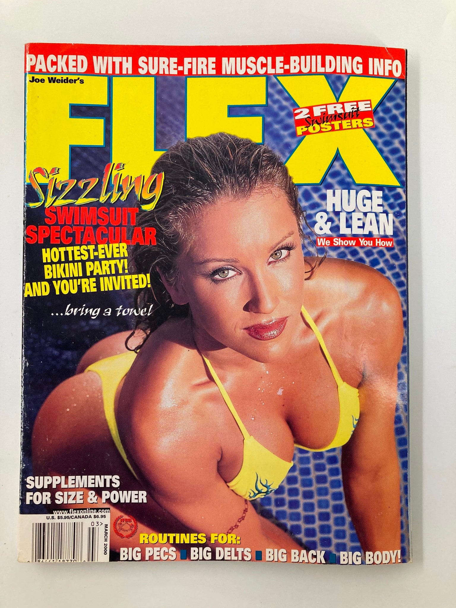 Cover of Joe Weider's Flex Magazine, March 2000 featuring a model in a yellow bikini promoting the Sizzling Swimsuit Spectacular, illustrated with text on bodybuilding supplements and routines for size and power.