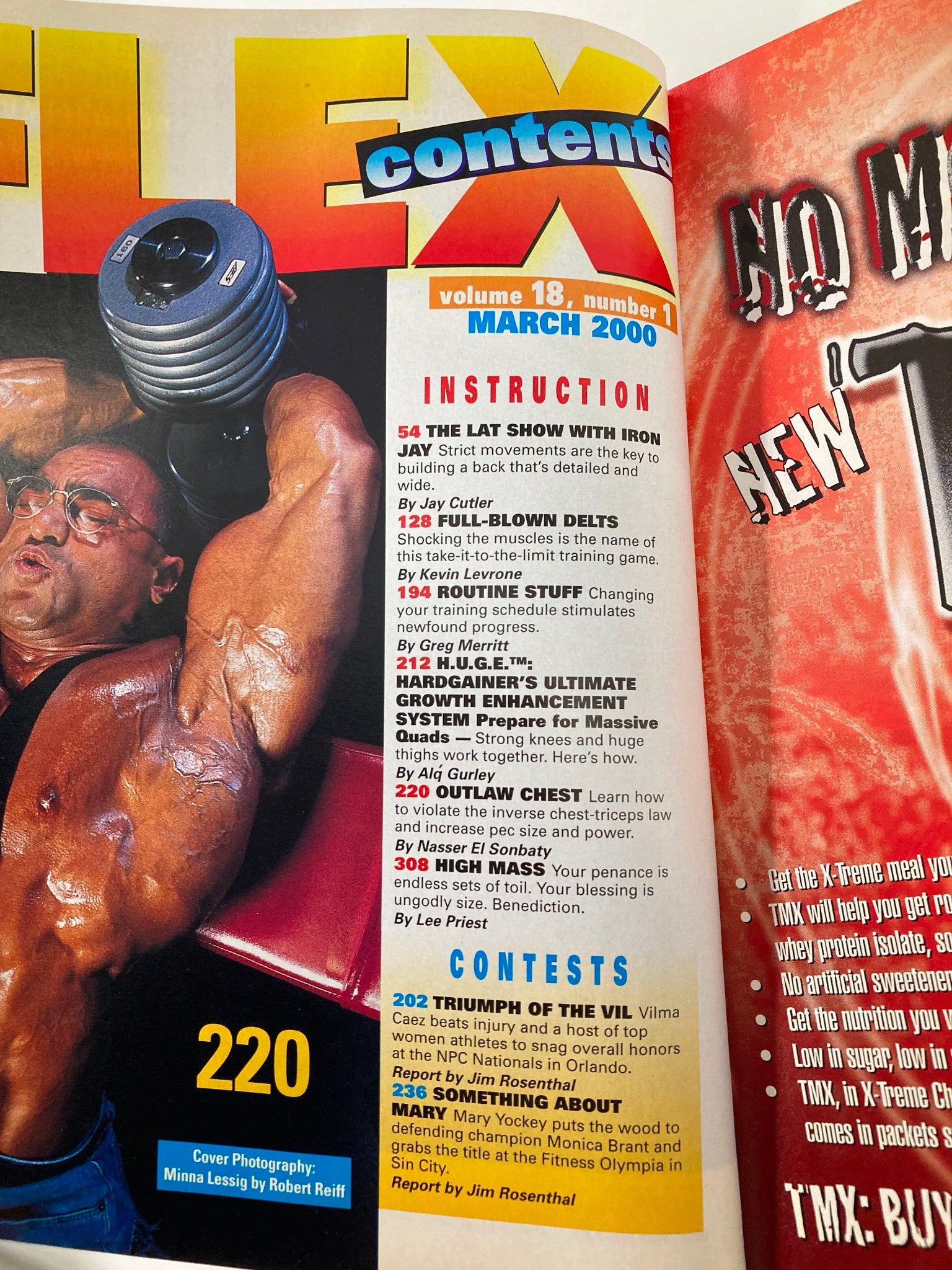 Joe Weider's Flex Magazine March 2000 featuring the contents page, showcasing articles on bodybuilding, fitness instructions, and highlights from prominent athletes, including Minna Lessig. This issue illustrates the essence of early 2000s fitness culture.