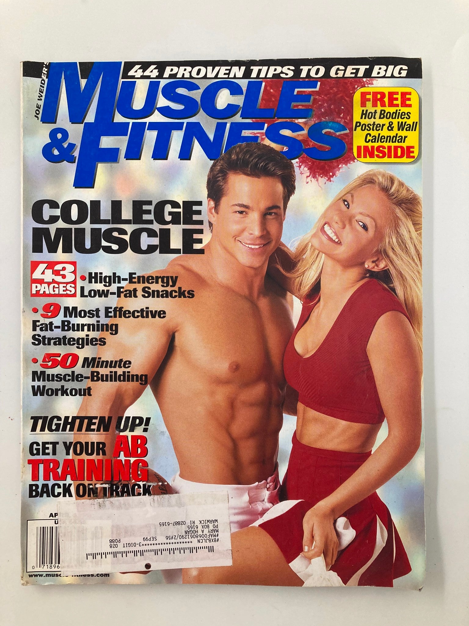 Cover of Joe Weider's Muscle & Fitness Magazine from April 1999 featuring John Kessler and Gabrielle Tuite. The cover highlights fitness tips, college muscle, and workouts.