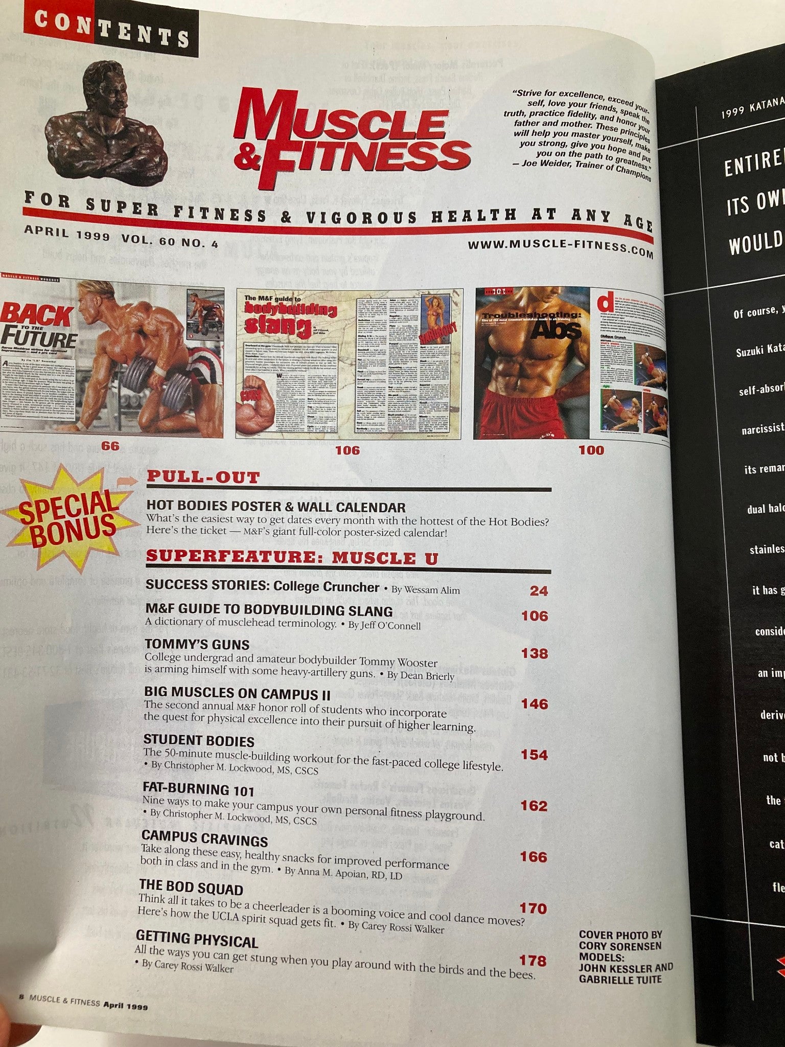 Table of contents page from Joe Weider's Muscle & Fitness Magazine April 1999, showcasing articles on fitness, workouts, and features like Hot Bodies poster.