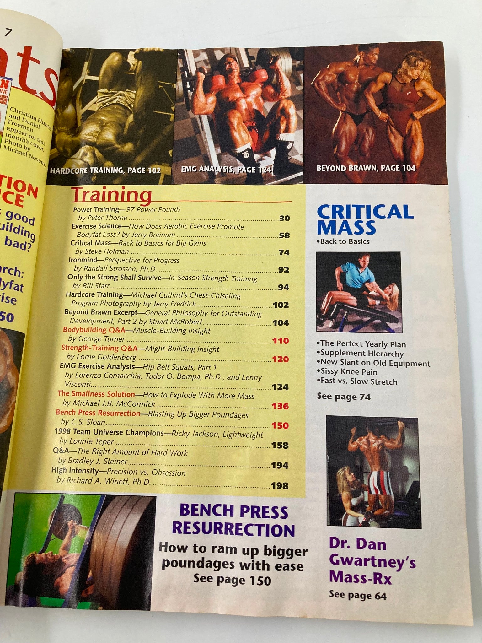 Ironman Magazine July 1999 contents page featuring articles on training, bodybuilding, and fitness, including Power Training, Exercise Science, and specific features such as 'Critical Mass' and 'Bench Press Resurrection'.