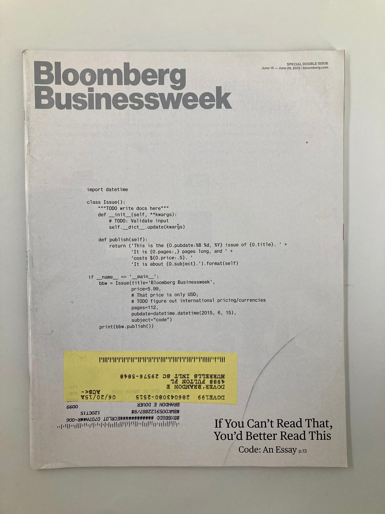 Bloomberg Businessweek Magazine June 15 2015 Code An Essay Special Double Issue