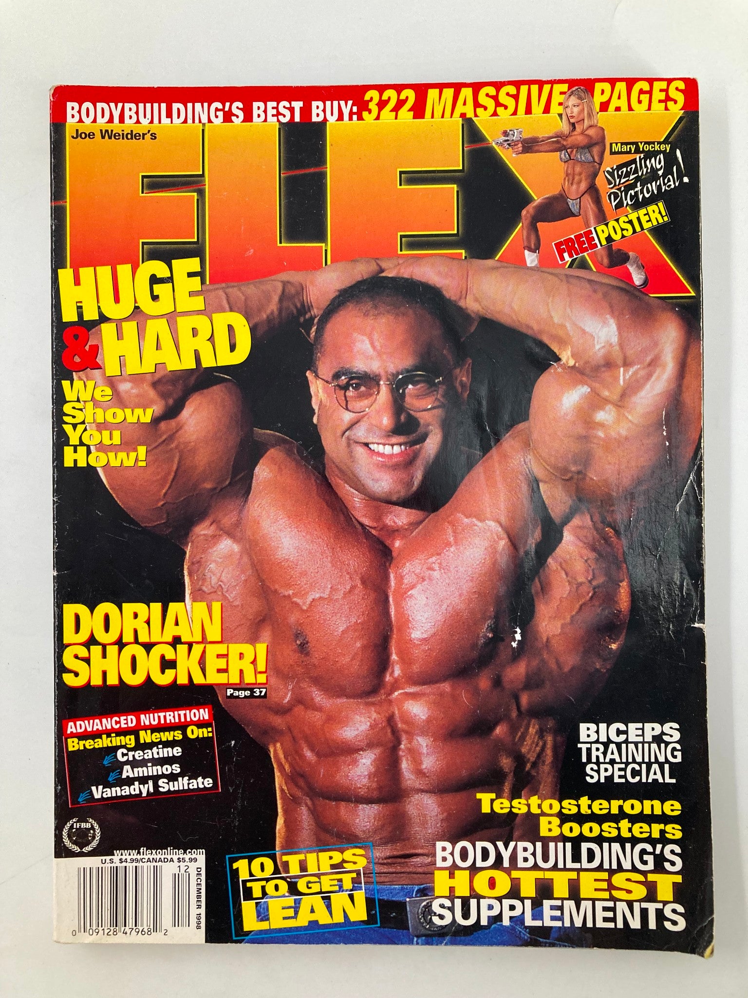 Cover of Joe Weider's Flex Magazine December 1998 featuring Mike Matarazzo with the headline 'Huge & Hard' and an image of Mary Yockey. This vintage bodybuilding magazine includes 322 pages of fitness content.