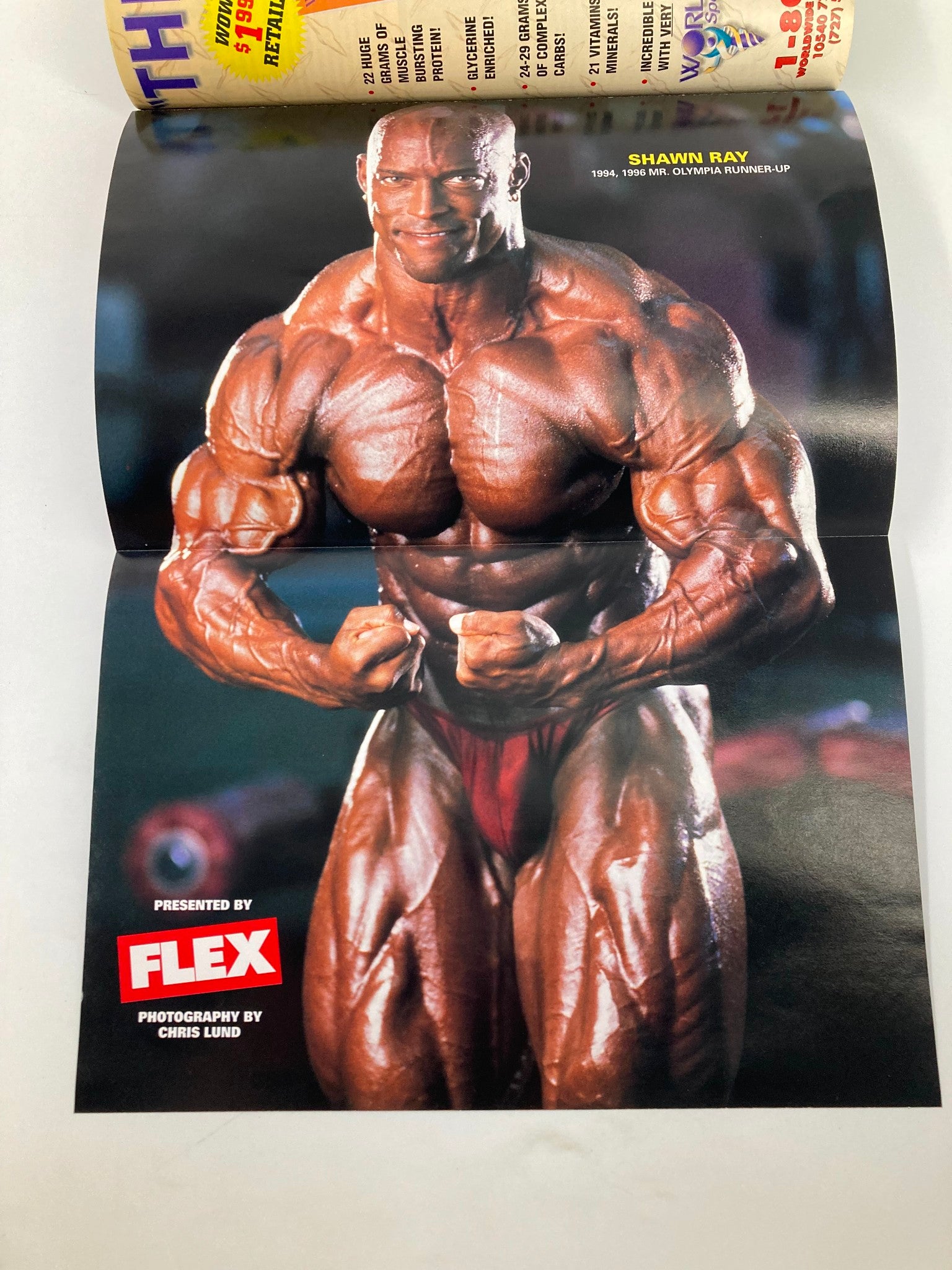 Featured page from Joe Weider's Flex Magazine December 1998 showcasing Shawn Ray, a prominent bodybuilder, displaying his physique in a posed shot. Highlights the legacy of bodybuilding during this period.