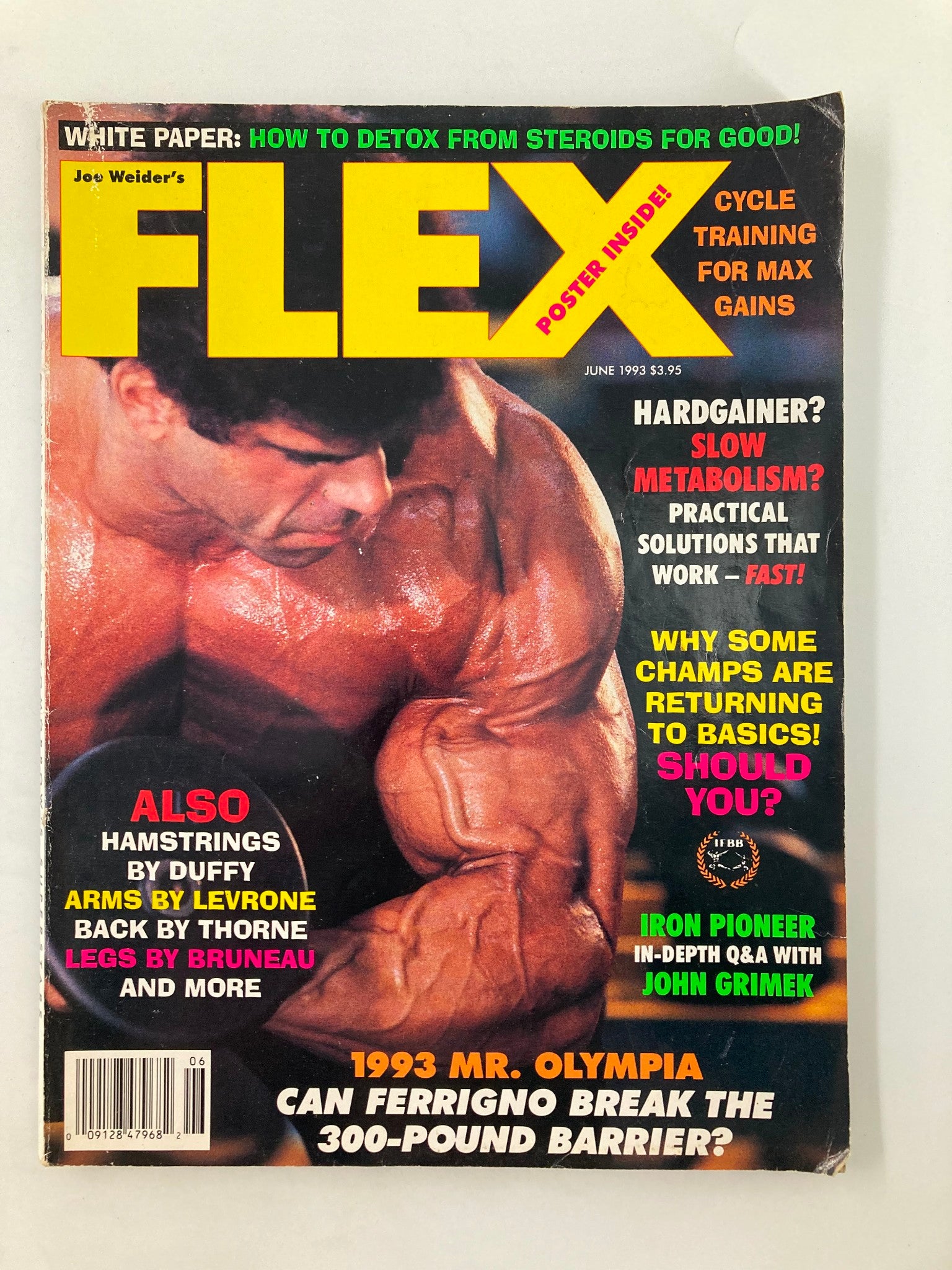 Cover of Joe Weider's Flex Magazine, June 1993 edition, featuring a striking muscular image highlighting bodybuilding techniques and fitness insights, with headlines about detoxing from steroids and the 1993 Mr. Olympia, along with a poster included inside.