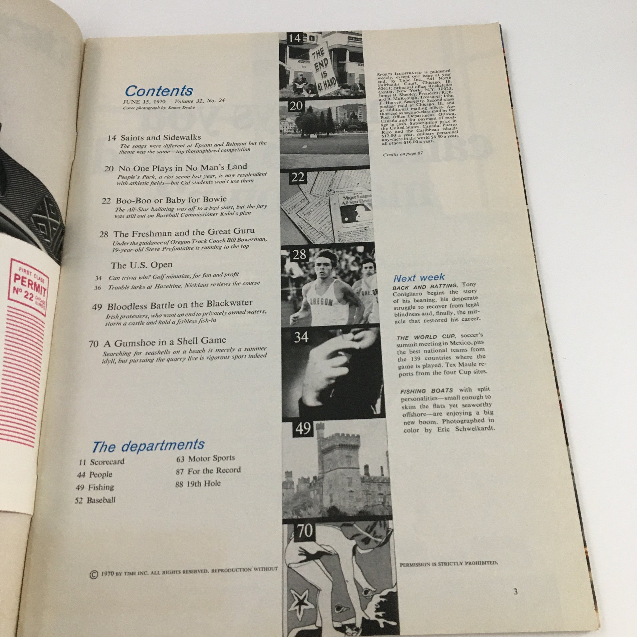 Contents page of Sports Illustrated Magazine June 15 1970 featuring articles on Steve Prefontaine and various sports topics.