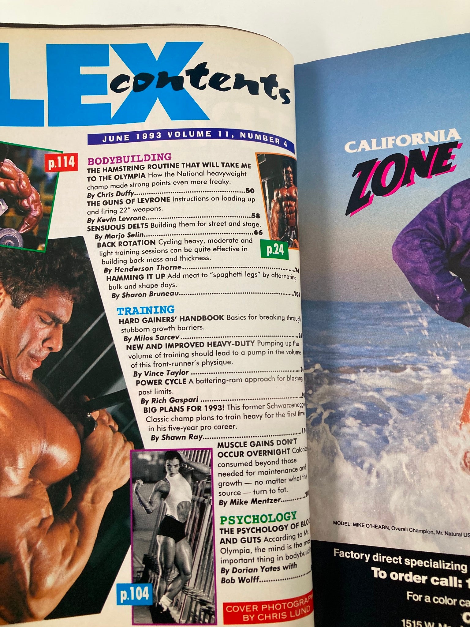 Contents page of Joe Weider's Flex Magazine June 1993, showcasing bodybuilding articles and features including a hard gainers handbook and training tips.