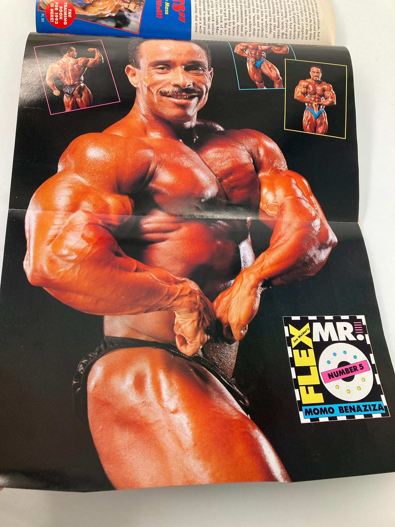 Poster in Joe Weider's Flex Magazine June 1993 featuring Momo Benaziza, showcasing his impressive muscular physique and posing.
