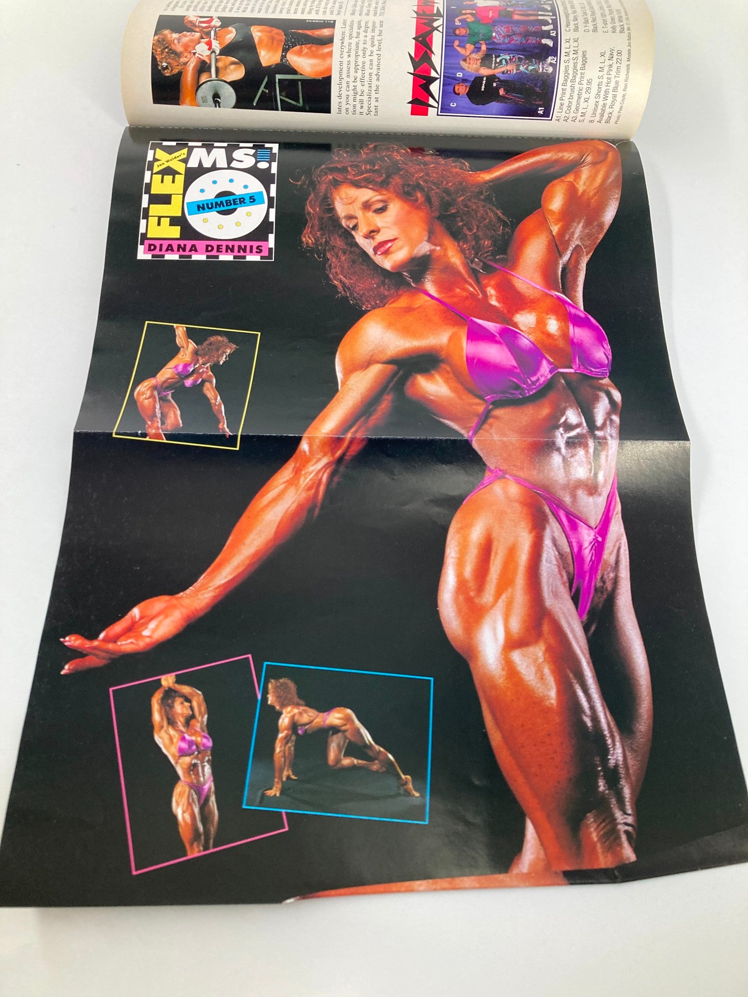Feature in Joe Weider's Flex Magazine June 1993 highlighting Diana Dennis, with images showcasing her physique and competitive poses in bodybuilding.
