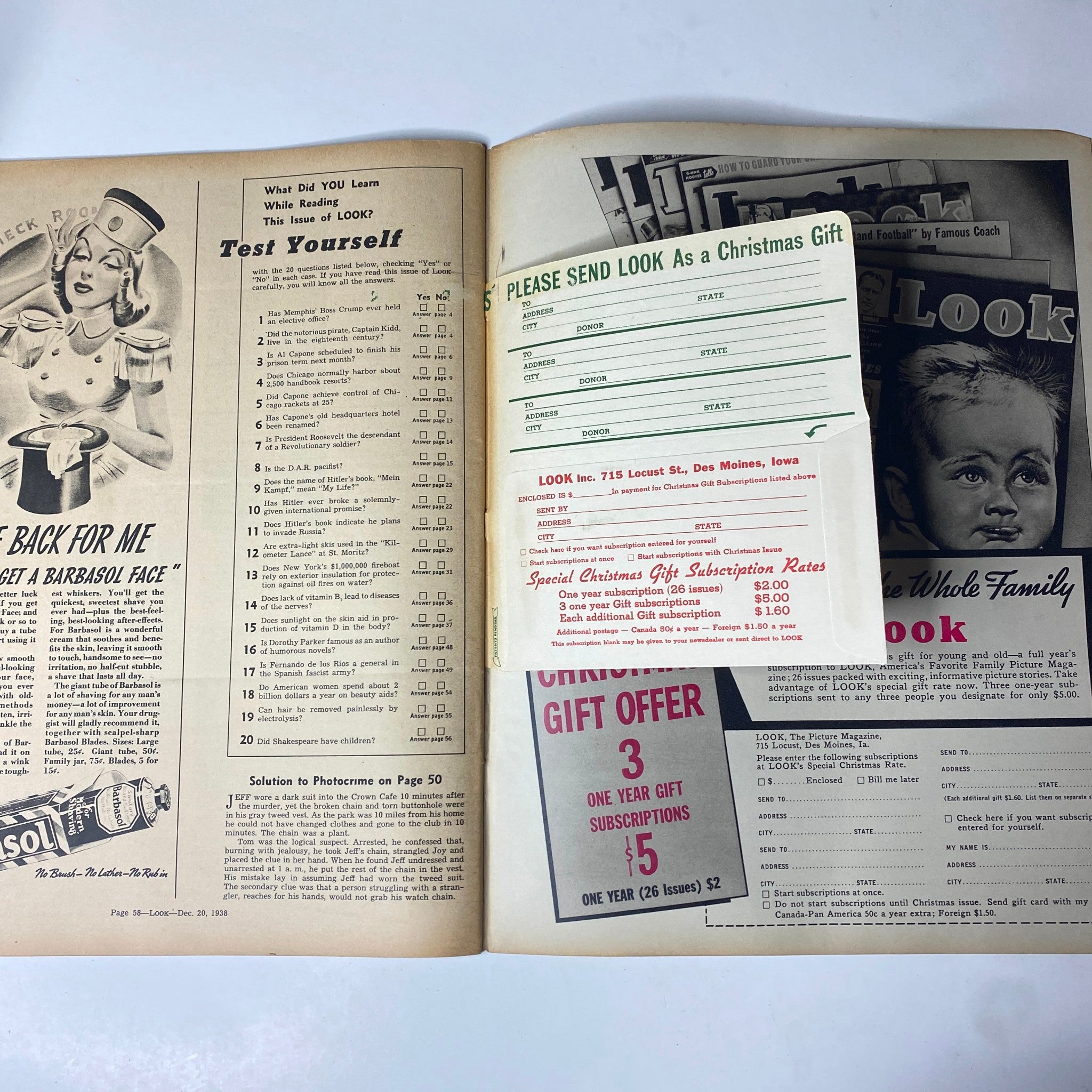 Interior page from Look Magazine December 20, 1938 featuring a quiz titled 'Test Yourself' and subscription information, showcasing the vintage magazine's layout and design.