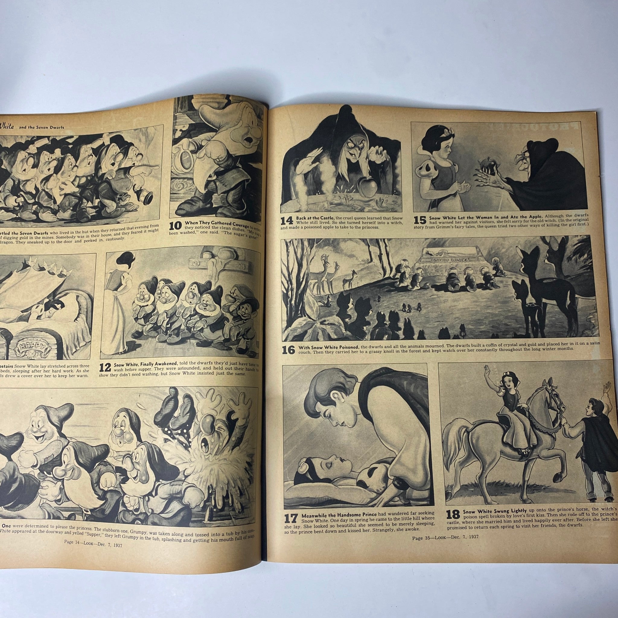 Another inside page of Look Magazine from December 7, 1937, featuring illustrations related to the story of Snow White, combining fairy tale elements with pictorial journalism and engaging narratives.