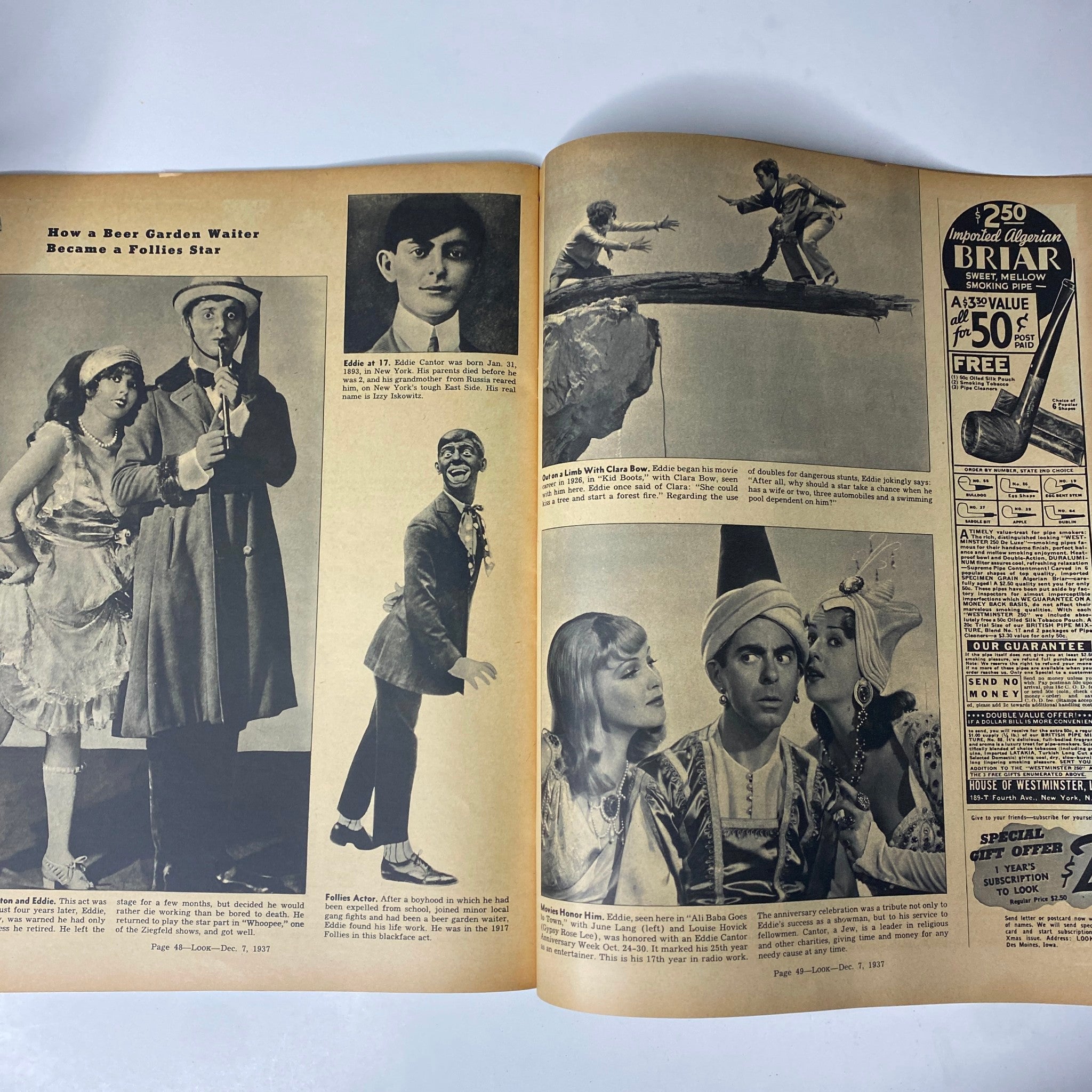 Look Magazine December 7, 1937 featuring a feature on Eddie, a former beer garden waiter who became a Follies star. The pages display various illustrations and captions related to Eddie's showbiz journey.