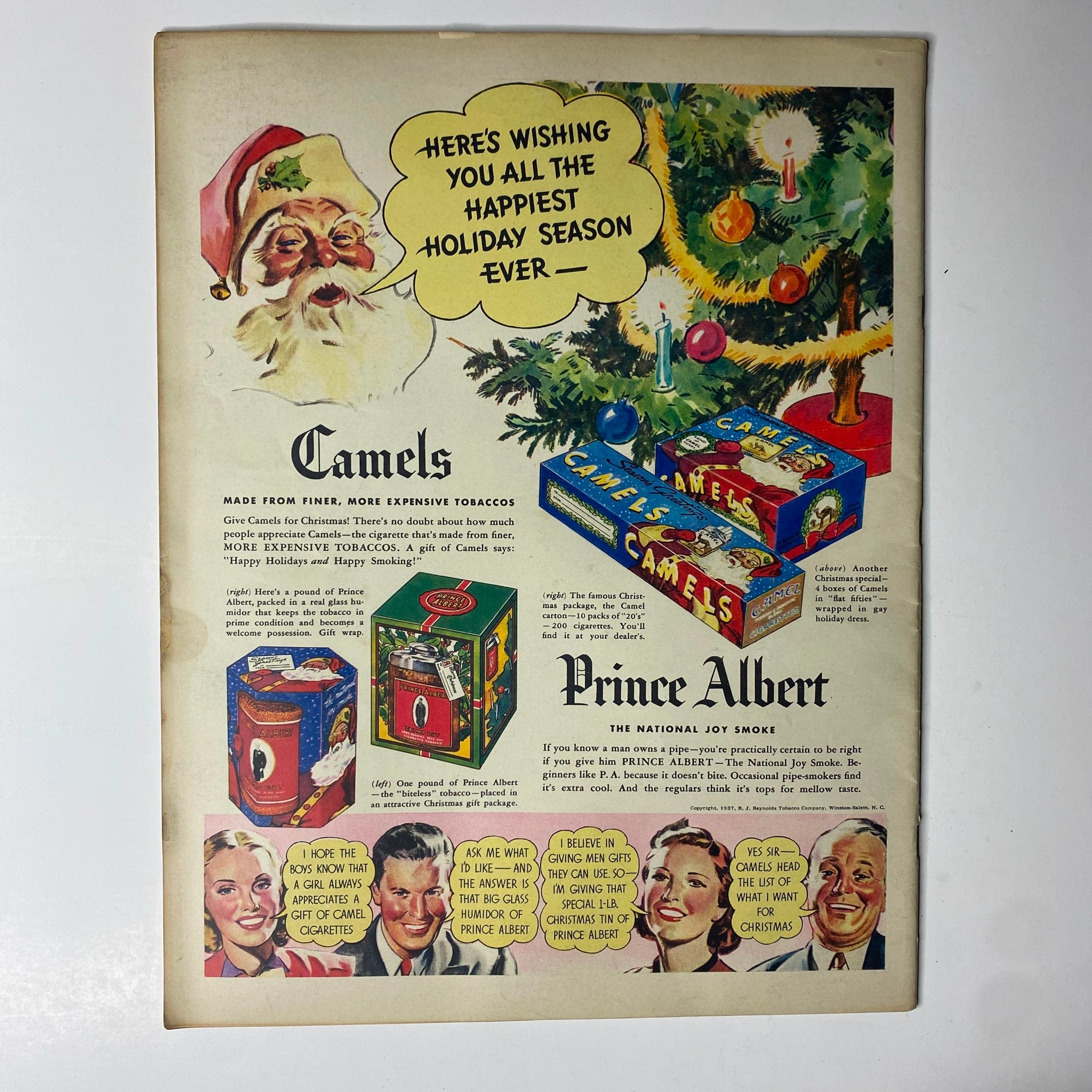 Look Magazine December 7, 1937 includes a festive advertisement for Camels and Prince Albert tobacco, highlighted with holiday-themed designs and messages wishing a happy holiday season.