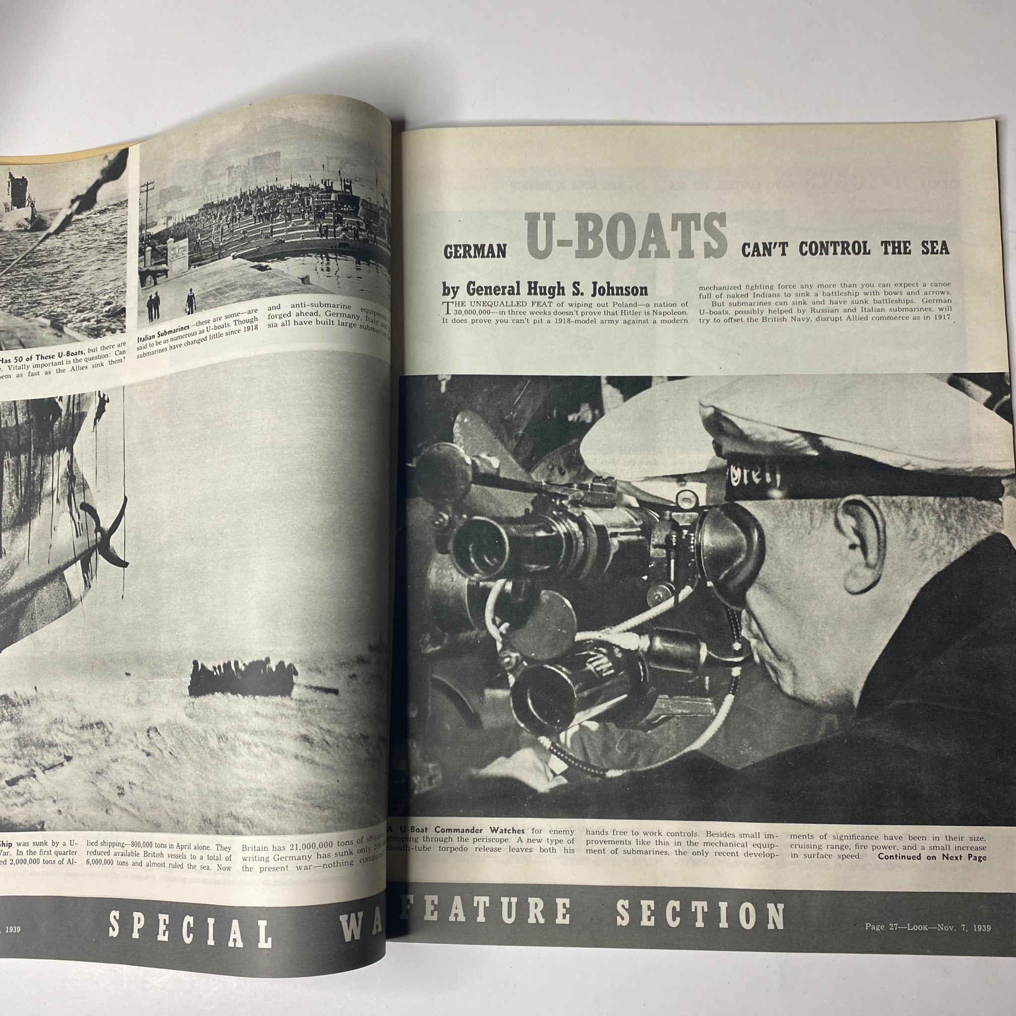 Spread from Look Magazine, November 7, 1939, showcasing an article on German U-boats written by General Hugh S. Johnson, including images of naval warfare and the impact of submarines during World War II.