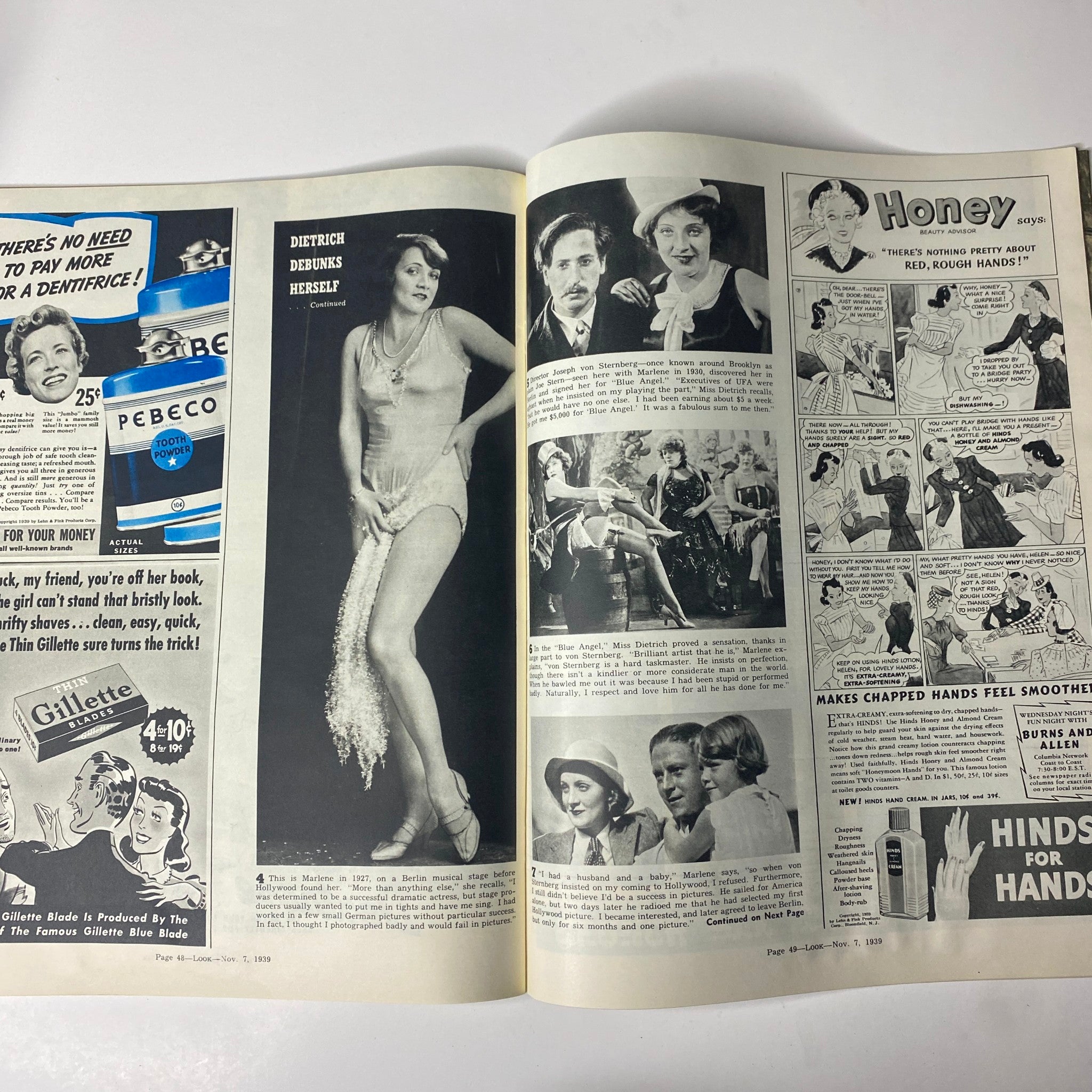 Look Magazine November 7, 1939 featuring an article titled 'Dietrich Debunks Herself' with an image of a woman in vintage attire, highlighting entertainment and culture in the 1930s.