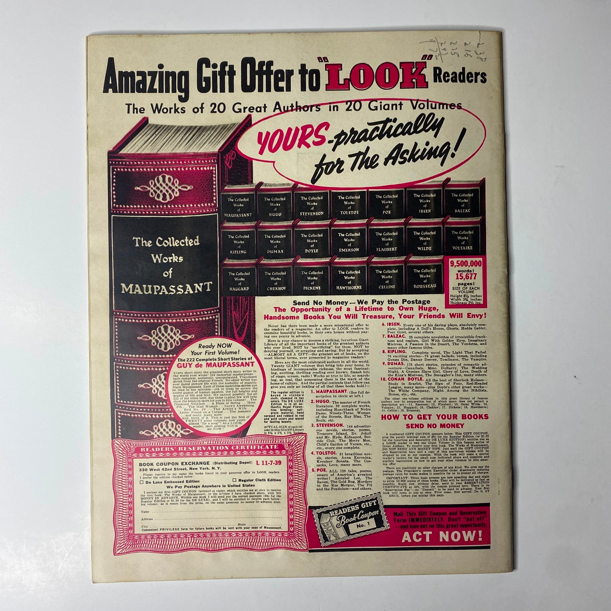 Look Magazine November 7, 1939 showcasing an advertisement for 'The Collected Works of Maupassant', emphasizing literary offers to readers from the era.