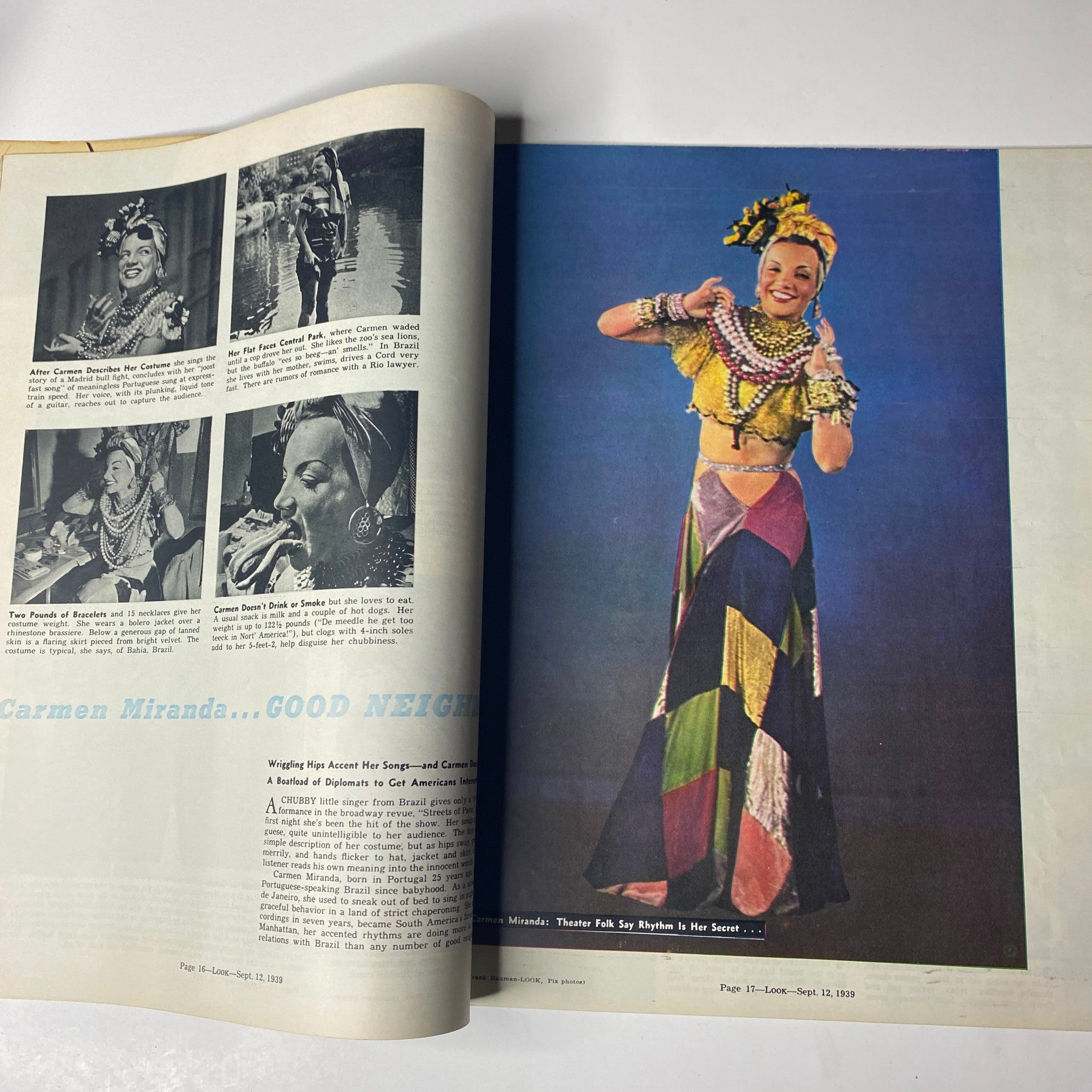 An interior page from Look Magazine September 12, 1939 depicting Carmen Miranda in vibrant attire, emphasizing her role in American theater and cultural exchange.