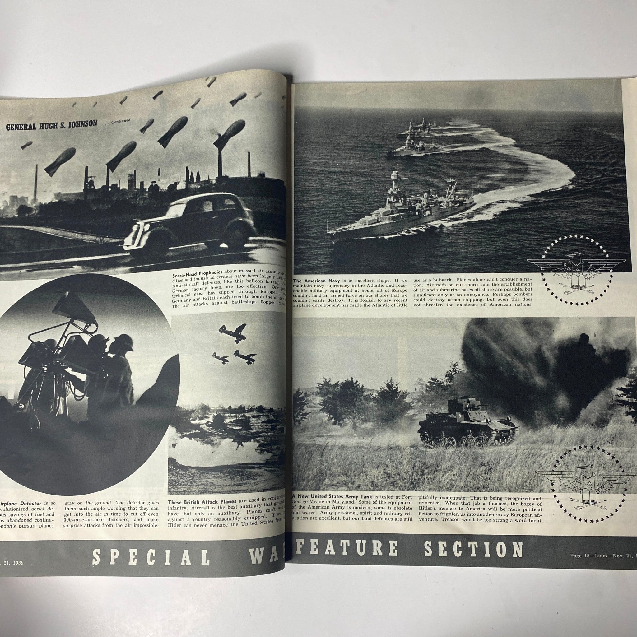 Interior pages of Look Magazine, November 21, 1939, presenting the 'Special War Feature Section' with images of war aircraft and military equipment related to World War II.