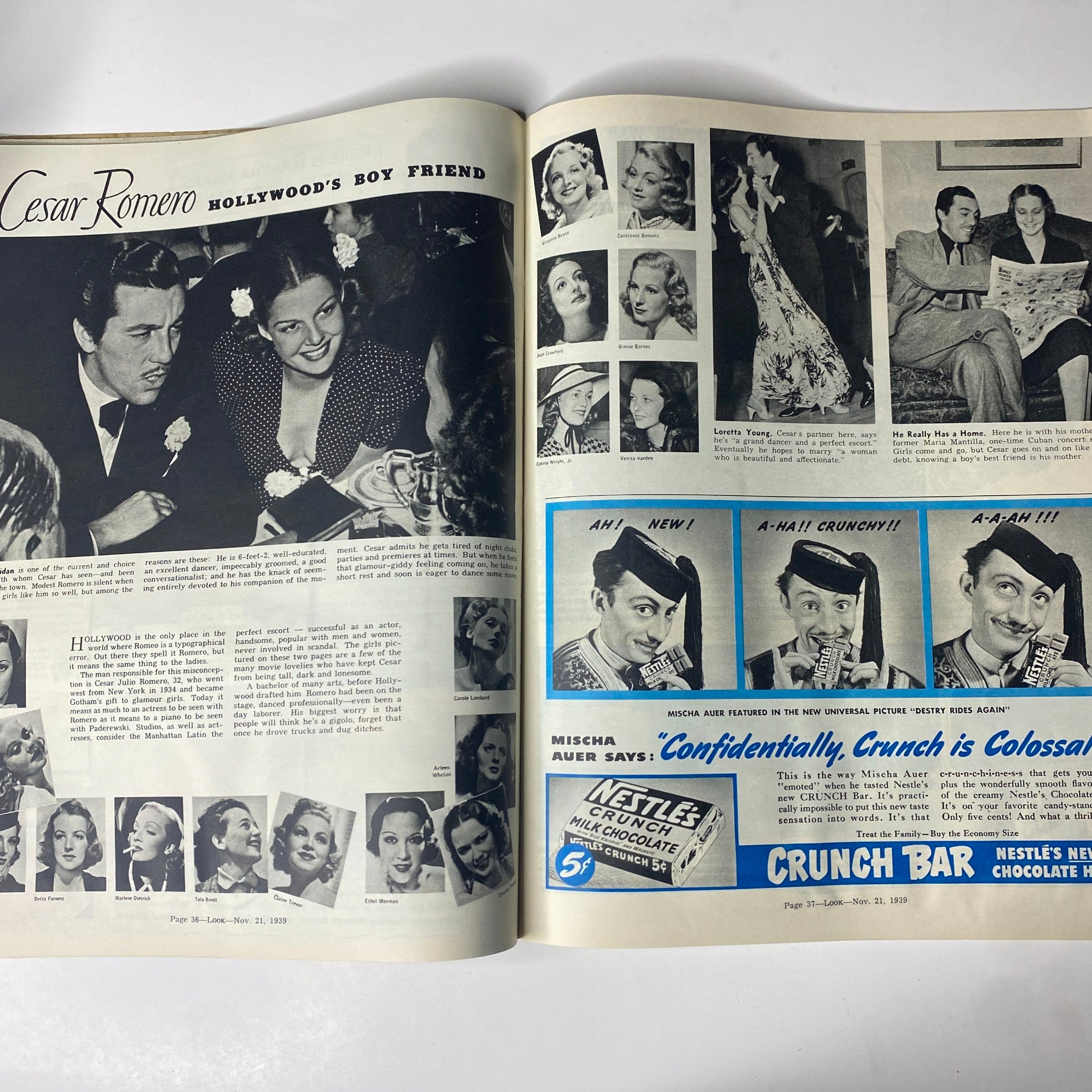 Image from Look Magazine November 21, 1939 showcasing Cesar Romero, known as Hollywood's boy friend, with a featured article discussing his career and personal life.