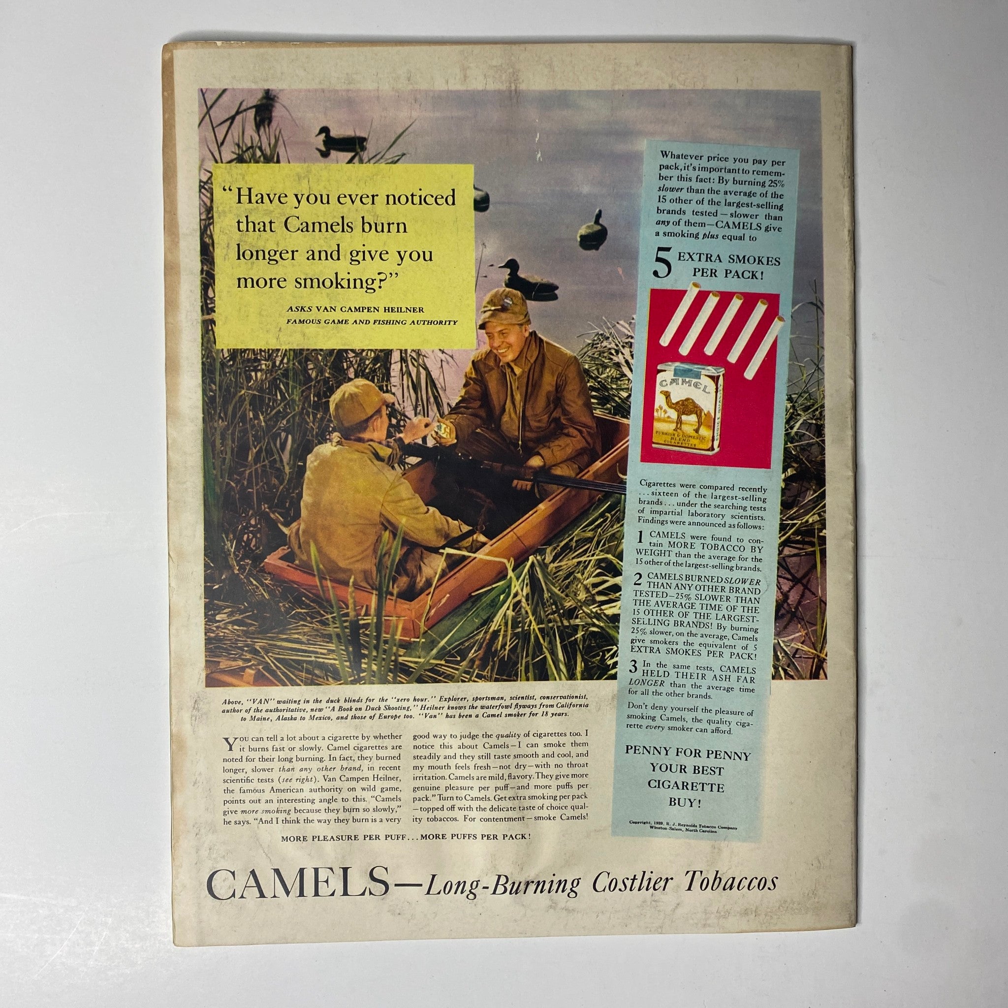 Back cover of Look Magazine November 21, 1939 featuring an advertisement for Camel cigarettes, highlighting their long-burning quality and a quote from game authority Van Campen Heilner.
