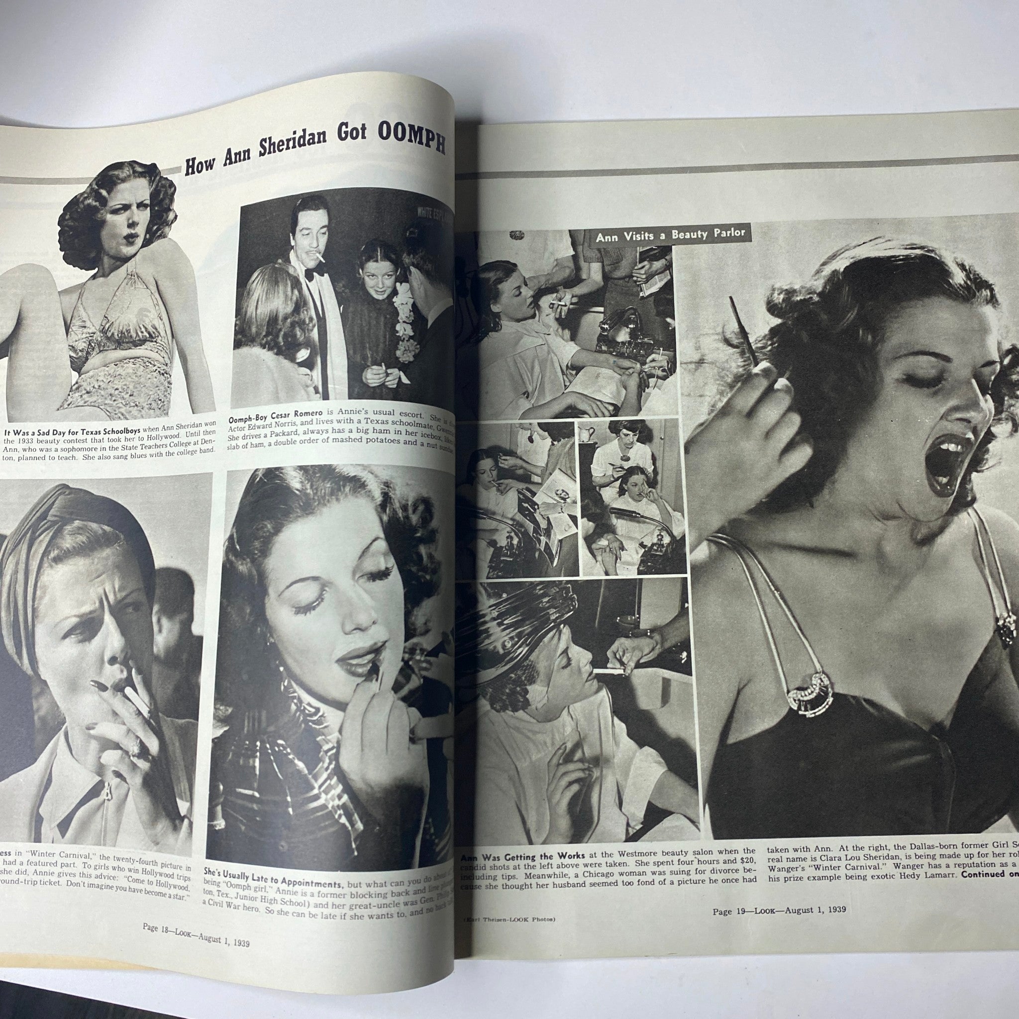 An article spread titled 'How Ann Sheridan Got OOMPH' from Look Magazine, August 1, 1939, illustrating Ann Sheridan's beauty routine with various photographs of her transformations and behind-the-scenes moments.