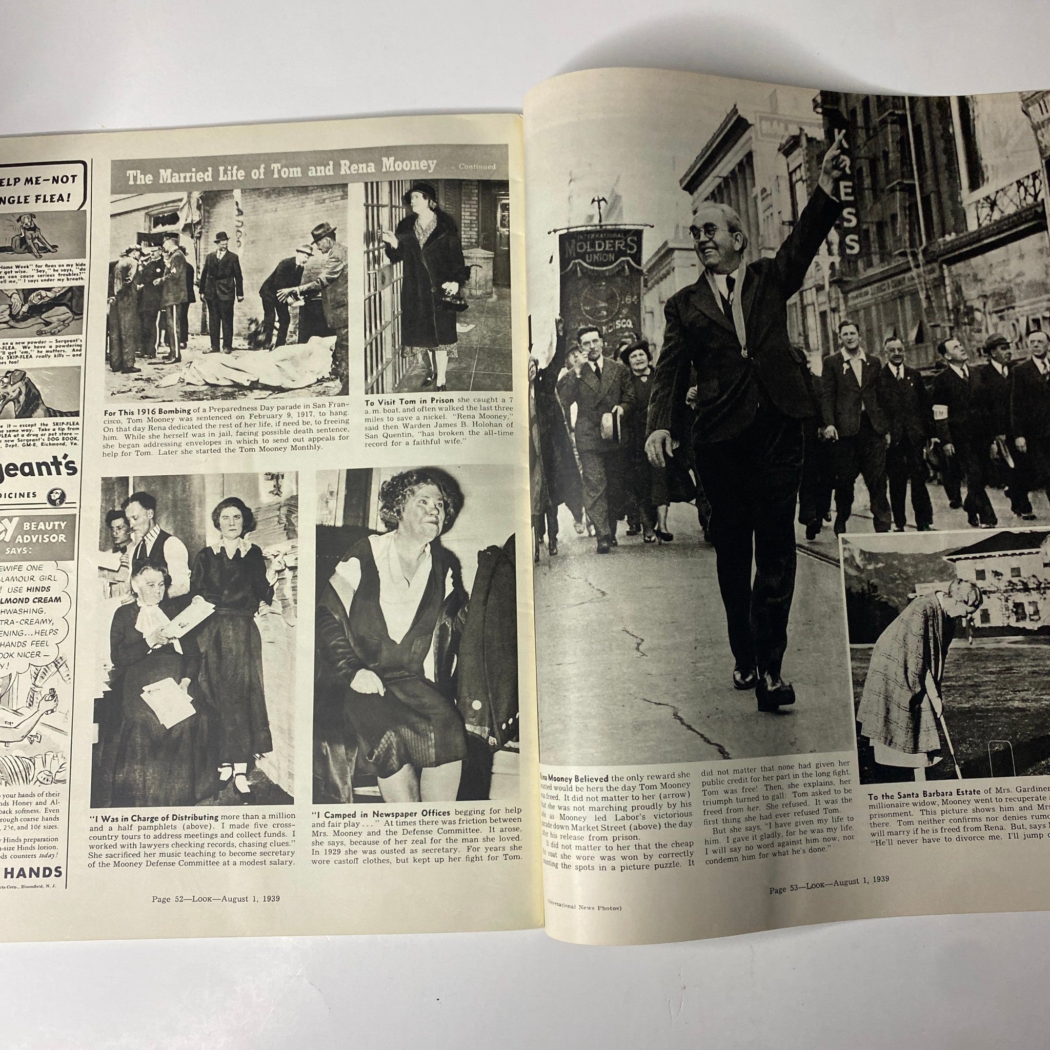 Page featuring 'The Married Life of Tom and Rena Mooney' from Look Magazine, August 1, 1939, showcasing multiple historical photographs and text descriptions related to their lives and challenges.