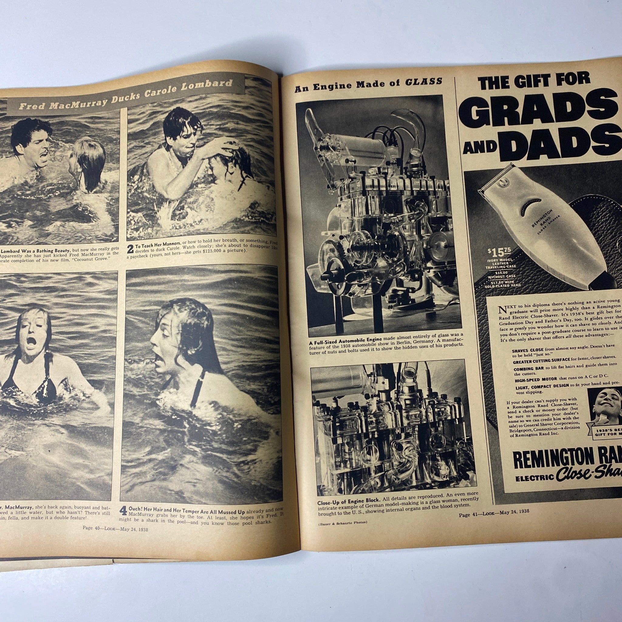 Interior pages of Look Magazine from May 24, 1938, featuring humorous scenes with Fred MacMurray and Carole Lombard swimming, alongside advertisements, reflecting the popular culture and leisure activities of the era.