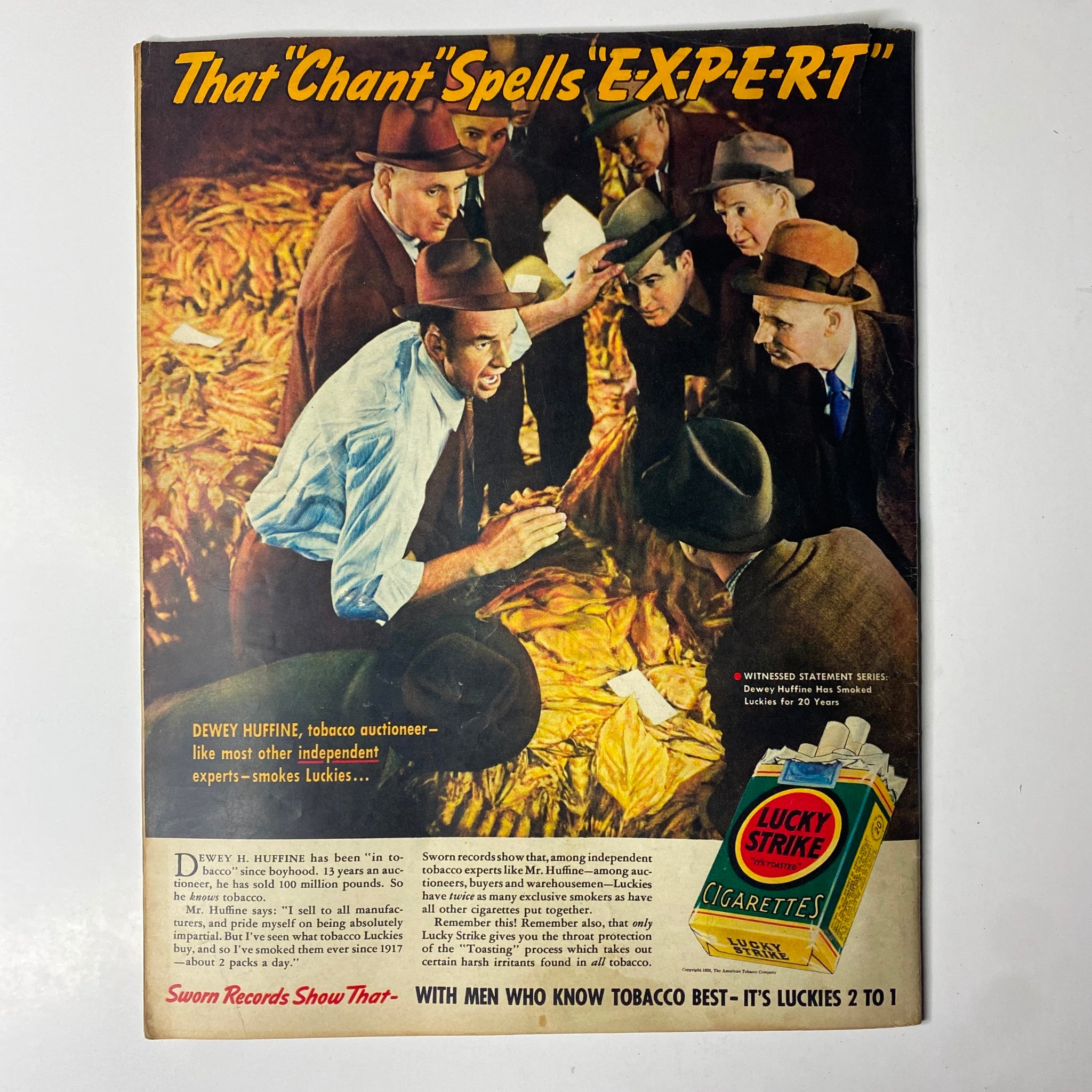 Cover of Look Magazine from May 24, 1938, titled 'The Brides of 1938', featuring a vibrant illustration of men analyzing tobacco, highlighting the theme of expert auctioneering by Dewey Huffine for Lucky Strike cigarettes.