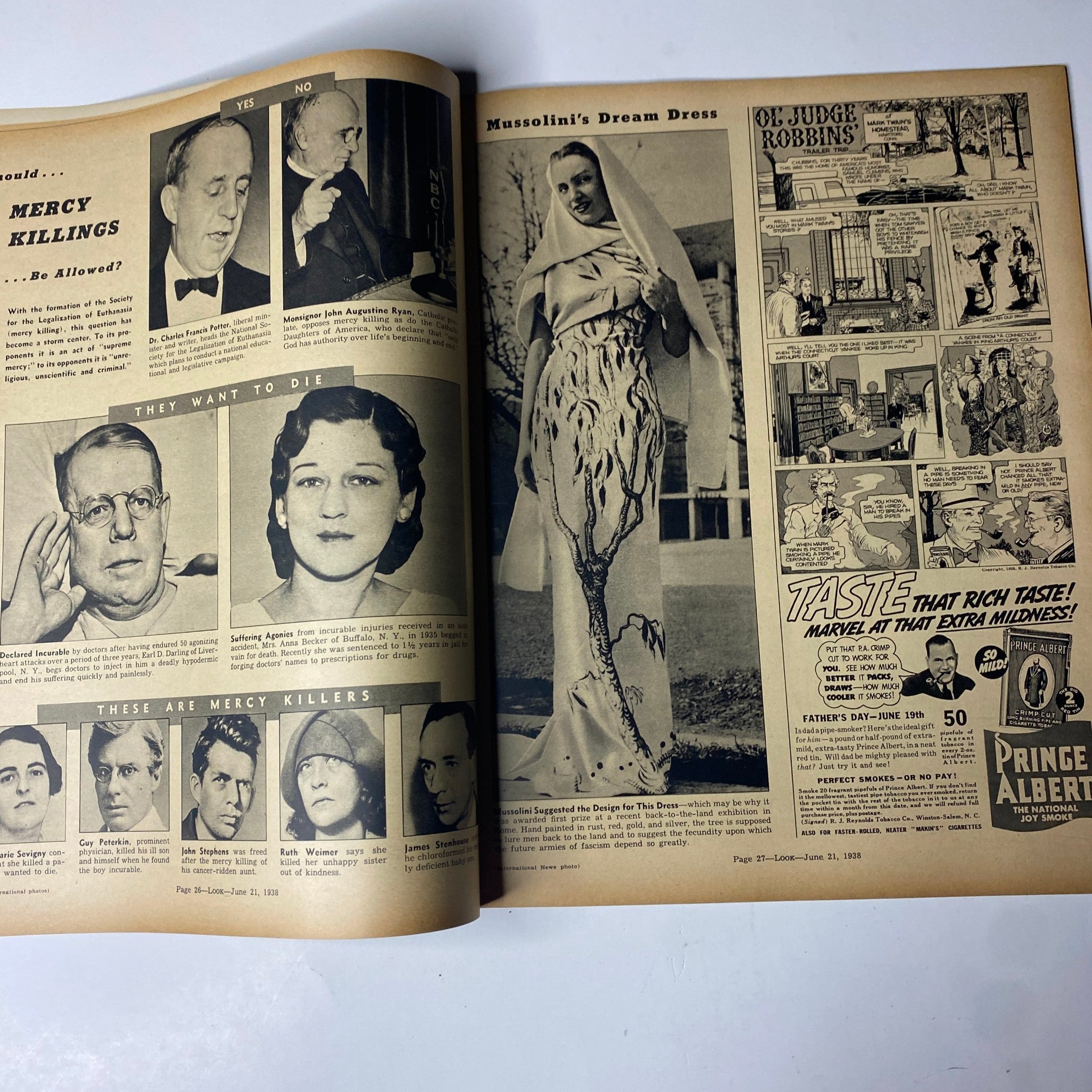 Interior page of Look Magazine, June 21, 1938, featuring an article about controversial issues of the time, illustrated with images, including Mussolini's Dream Dress and an advertisement.