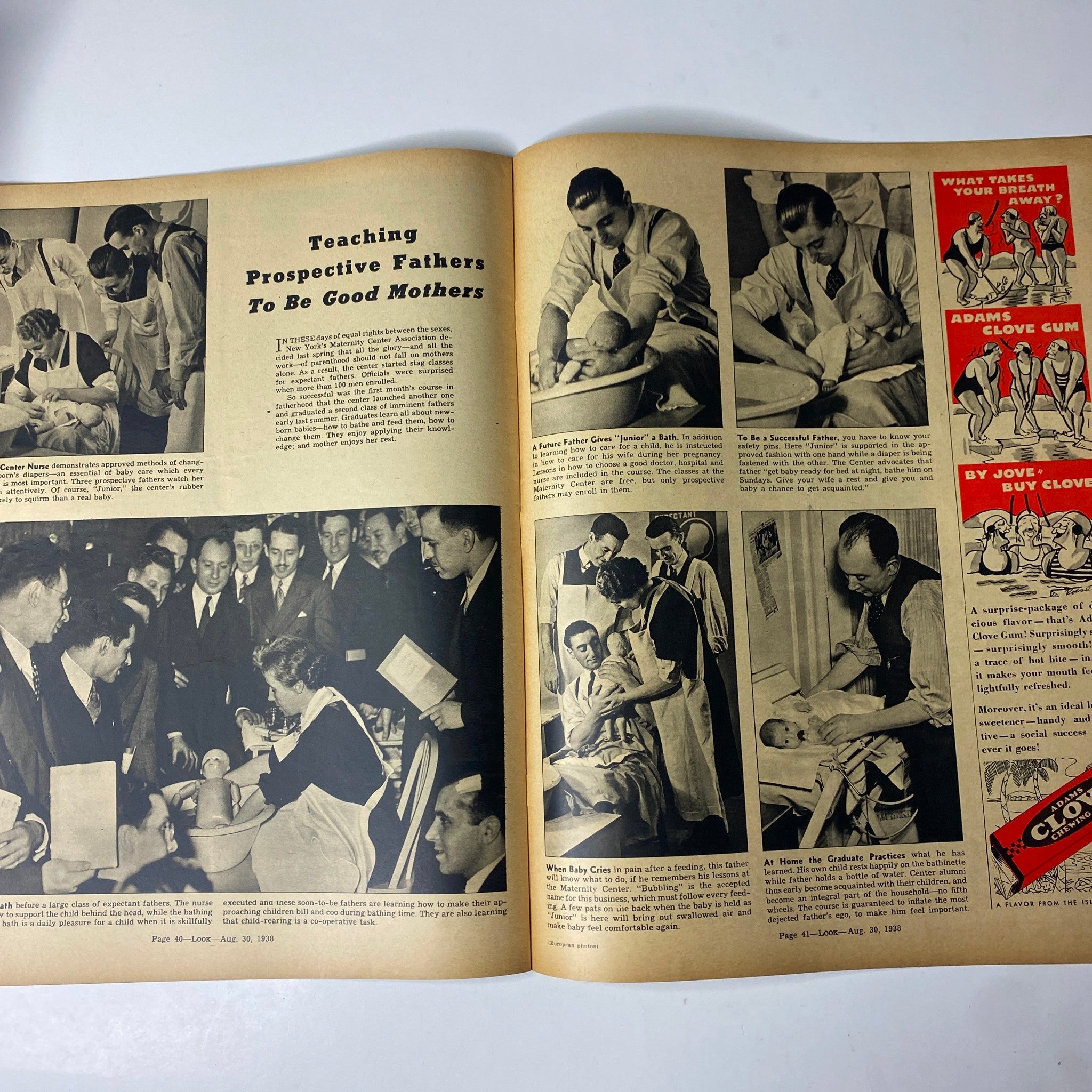 Another page from Look Magazine dated August 30, 1938, focused on a feature about teaching prospective fathers to nurture their babies, illustrated with images of fathers in parenting scenarios.