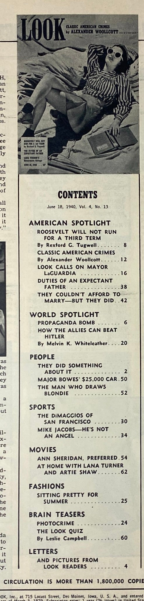 Contents page of Look Magazine June 18, 1940, detailing articles including 'Roosevelt Will Not Run for a Third Term' and 'The DiMaggios of San Francisco'.
